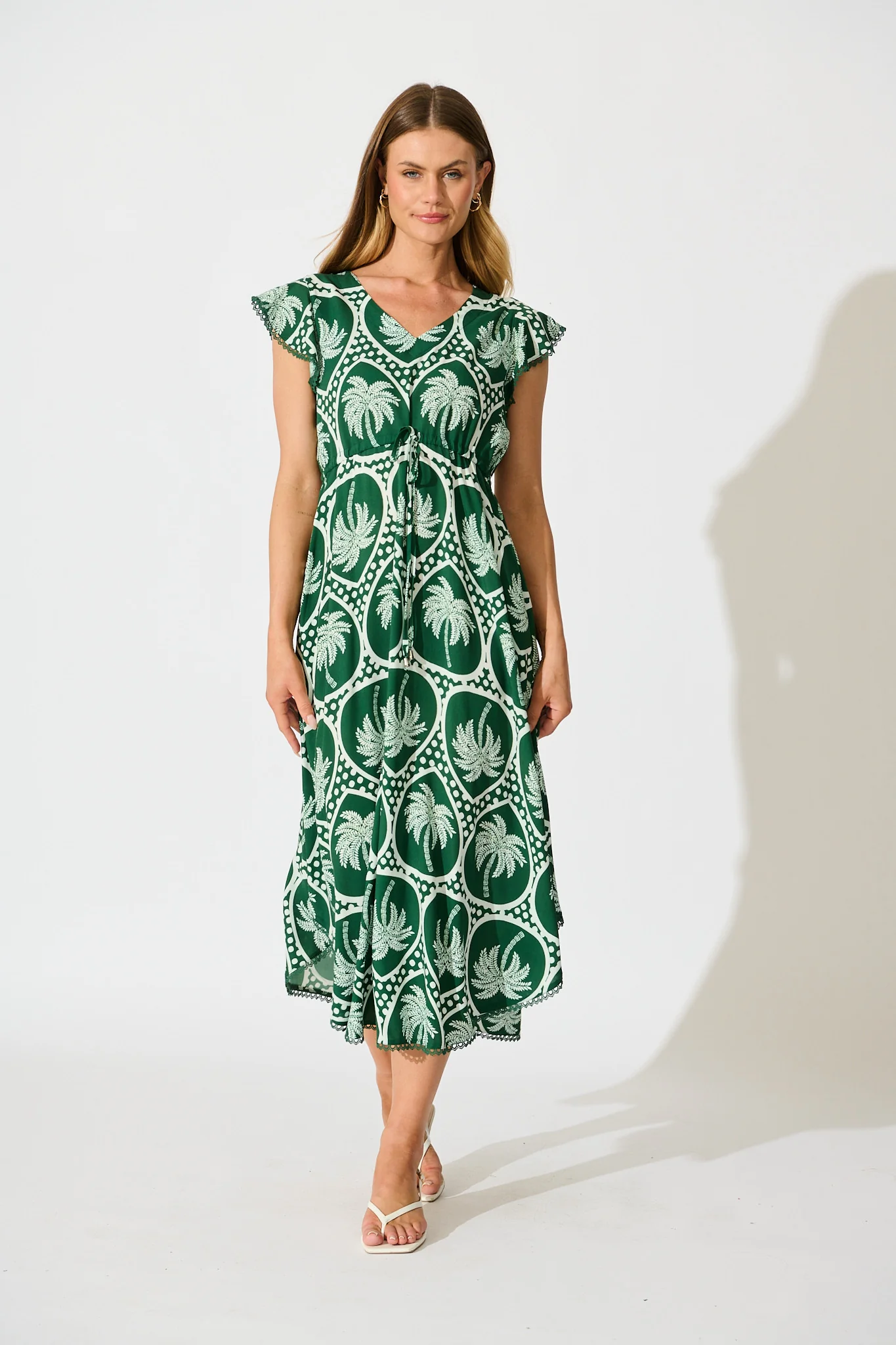 Atana Midi Dress in Green Palm Tree Tiles Print