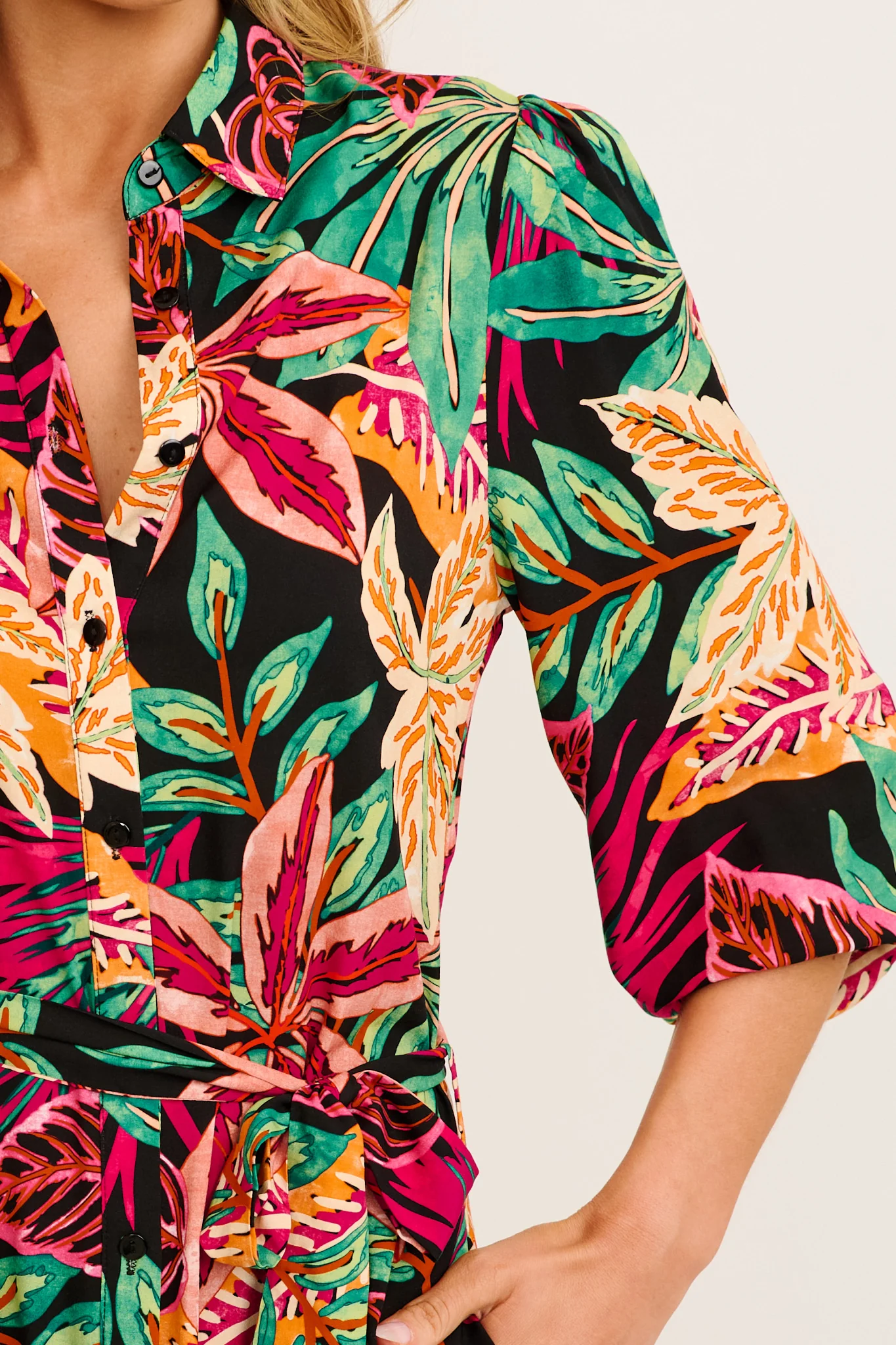 Aurelina Maxi Shirt Dress in Purple Multi Leaf Print - Image 5