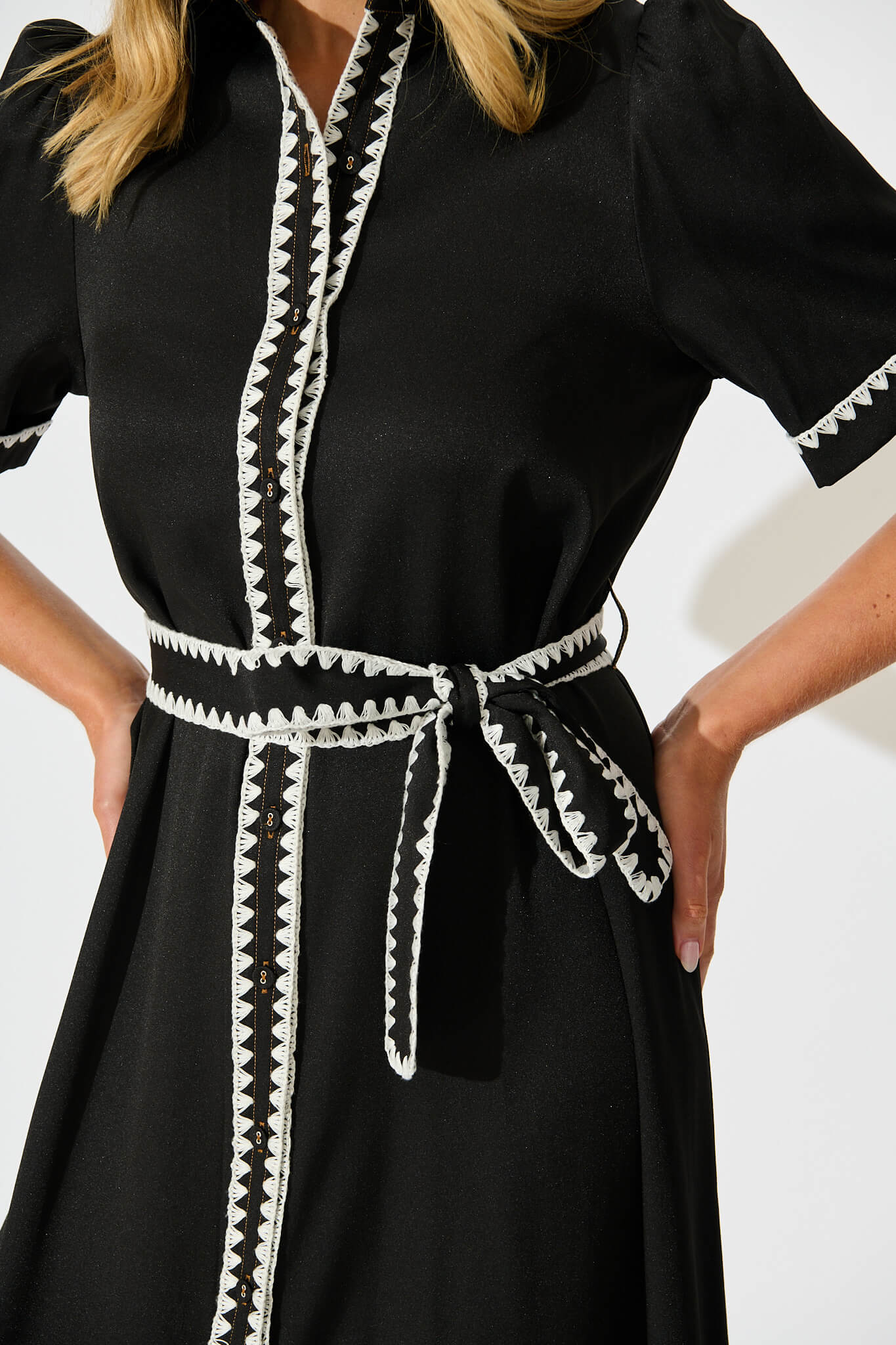 Aurora Midi Shirt Dress In Black With White Contrast Stitch - Image 5