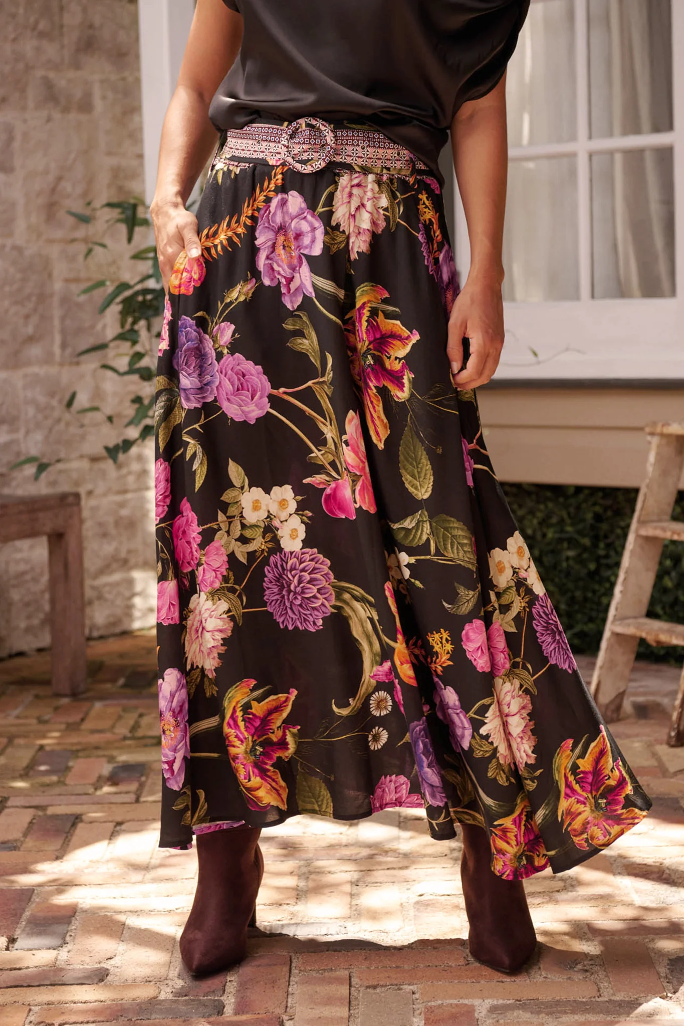 Aurora Radiance Maxi Skirt in Black with Multi Floral