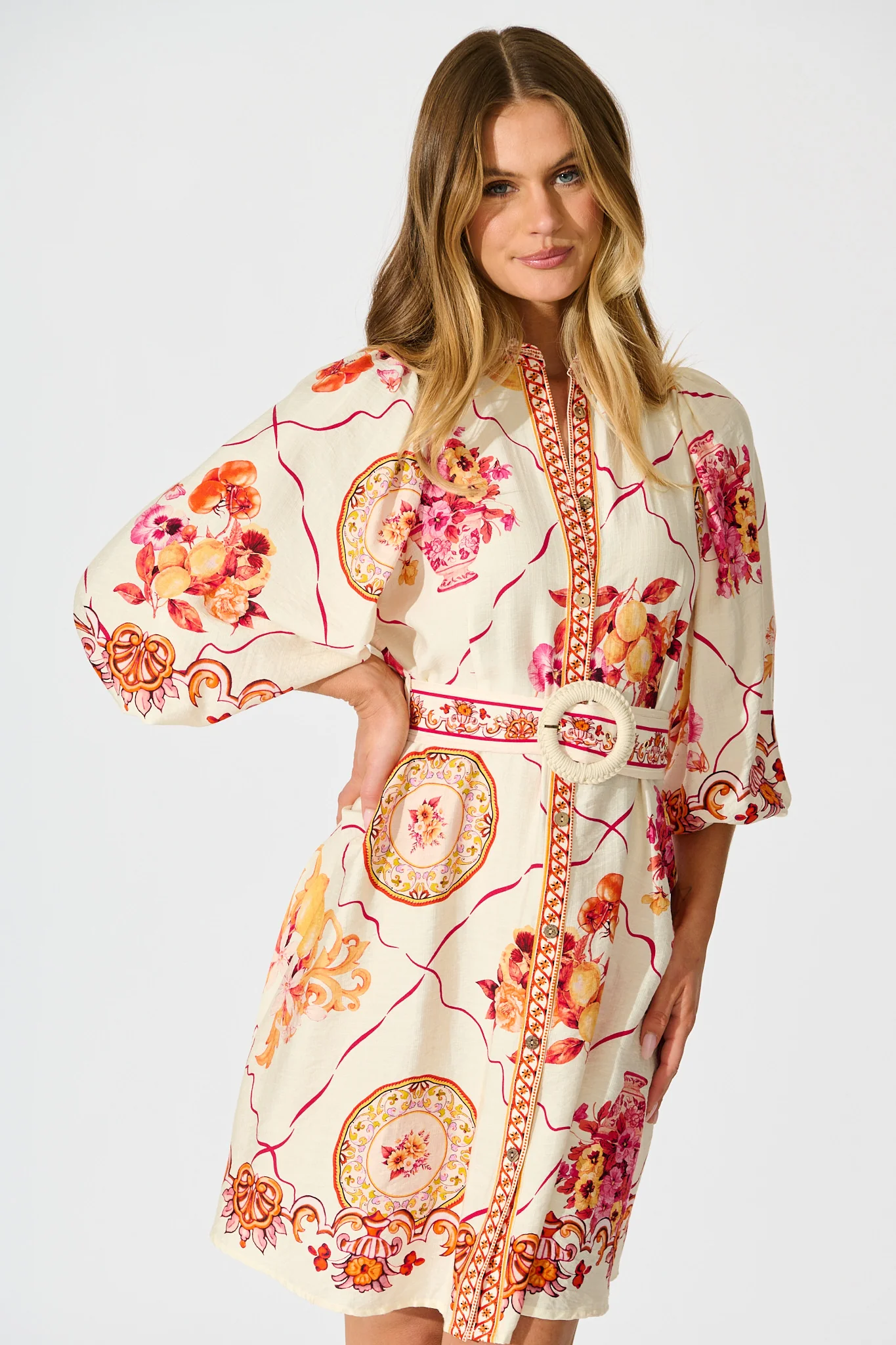 Aveline Shirt Dress In Pink Floral Print Linen Blend - Image 2