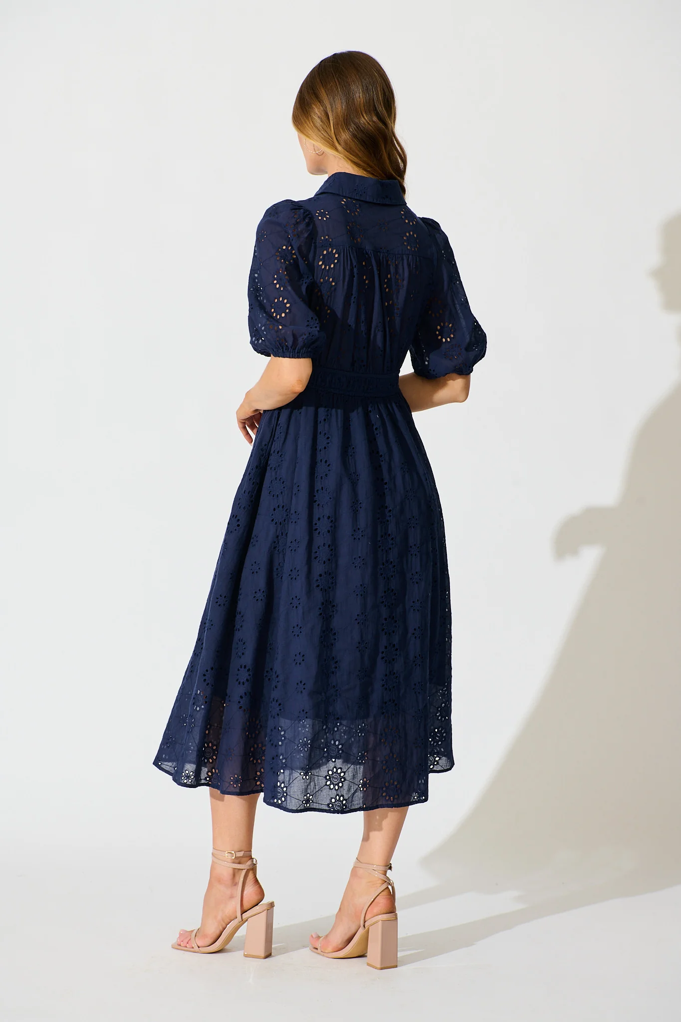 Ayla Midi Shirt Dress In Navy Embroidered Cotton - Image 4