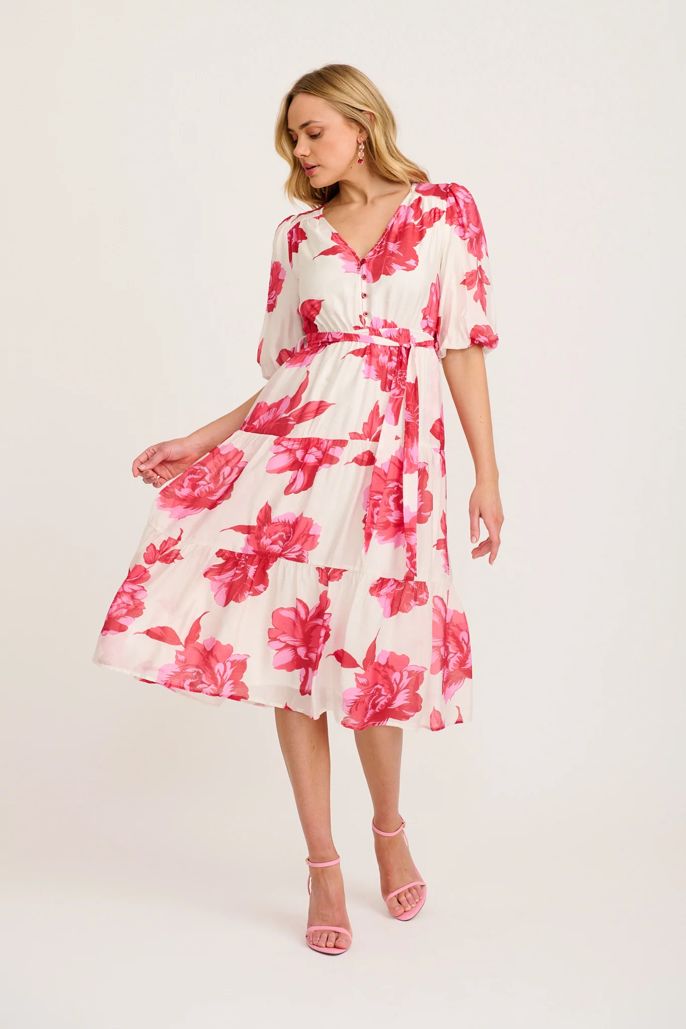 Baldwin Midi Dress in White with Pink and Red Floral
