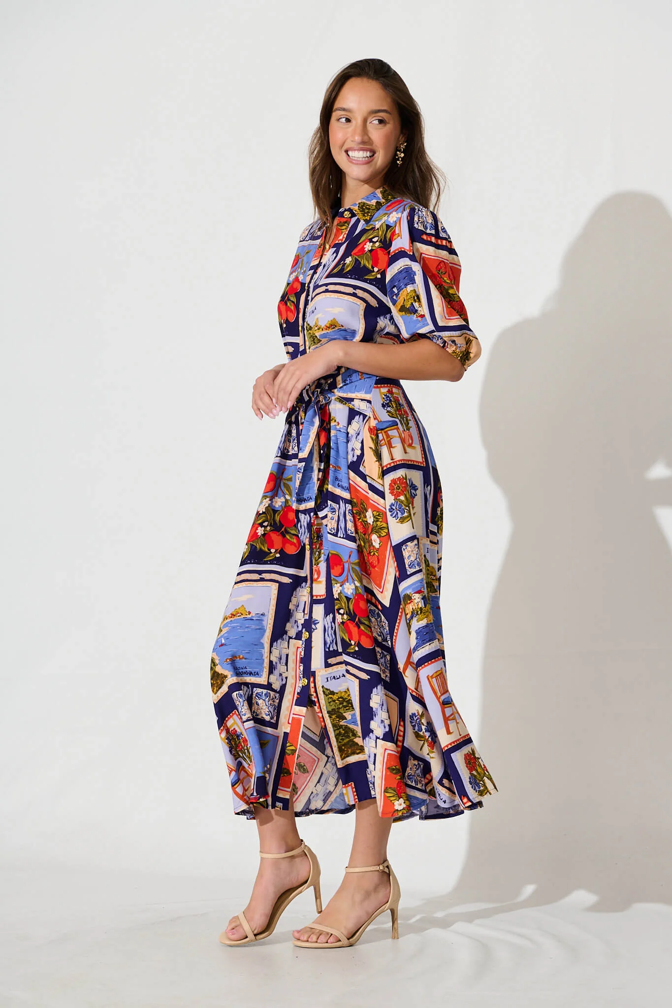 Bella Maxi Shirt Dress In Blue Multi Postcard Print - Image 3
