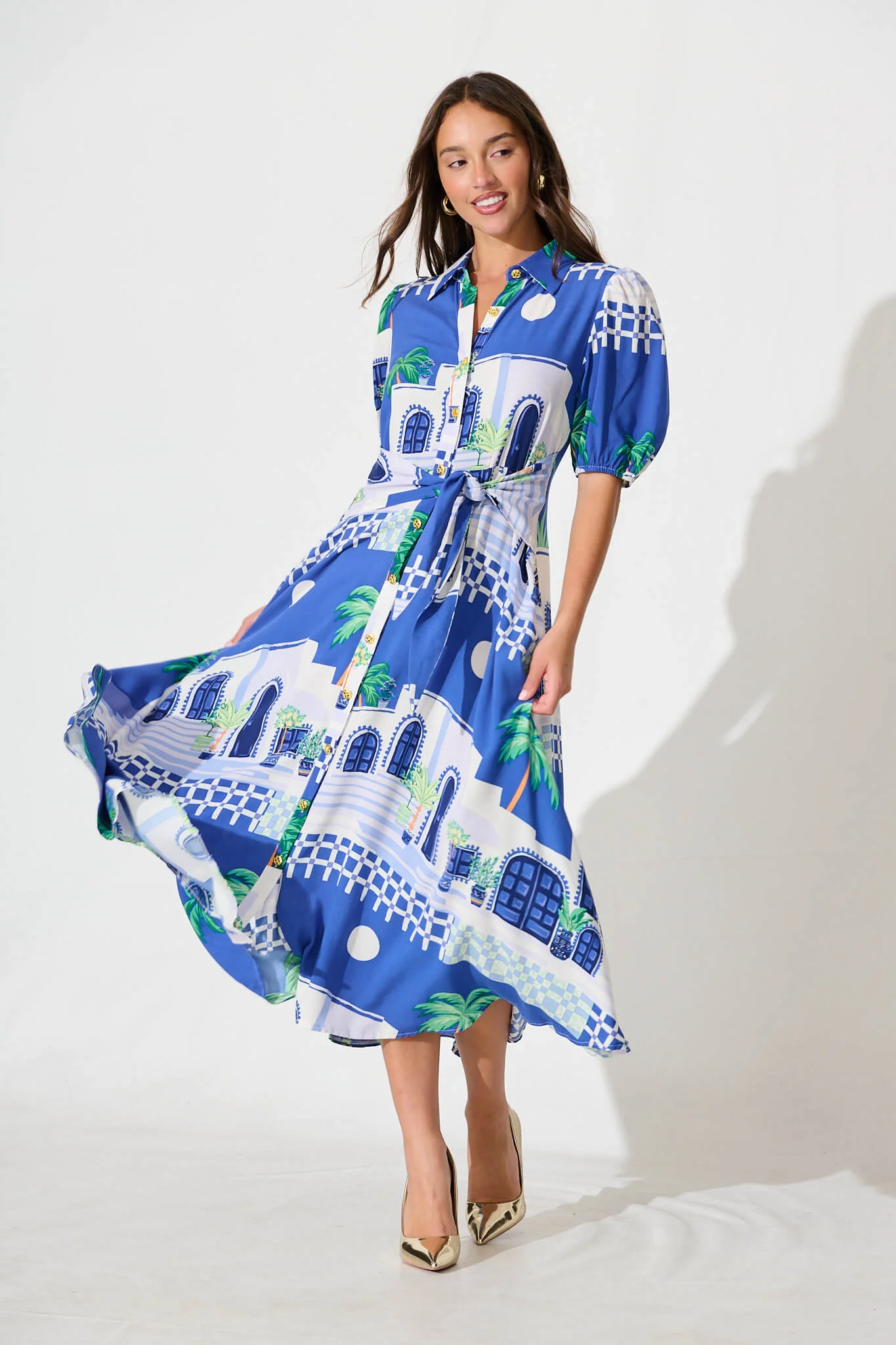 Bella Maxi Shirt Dress in Blue with White Print
