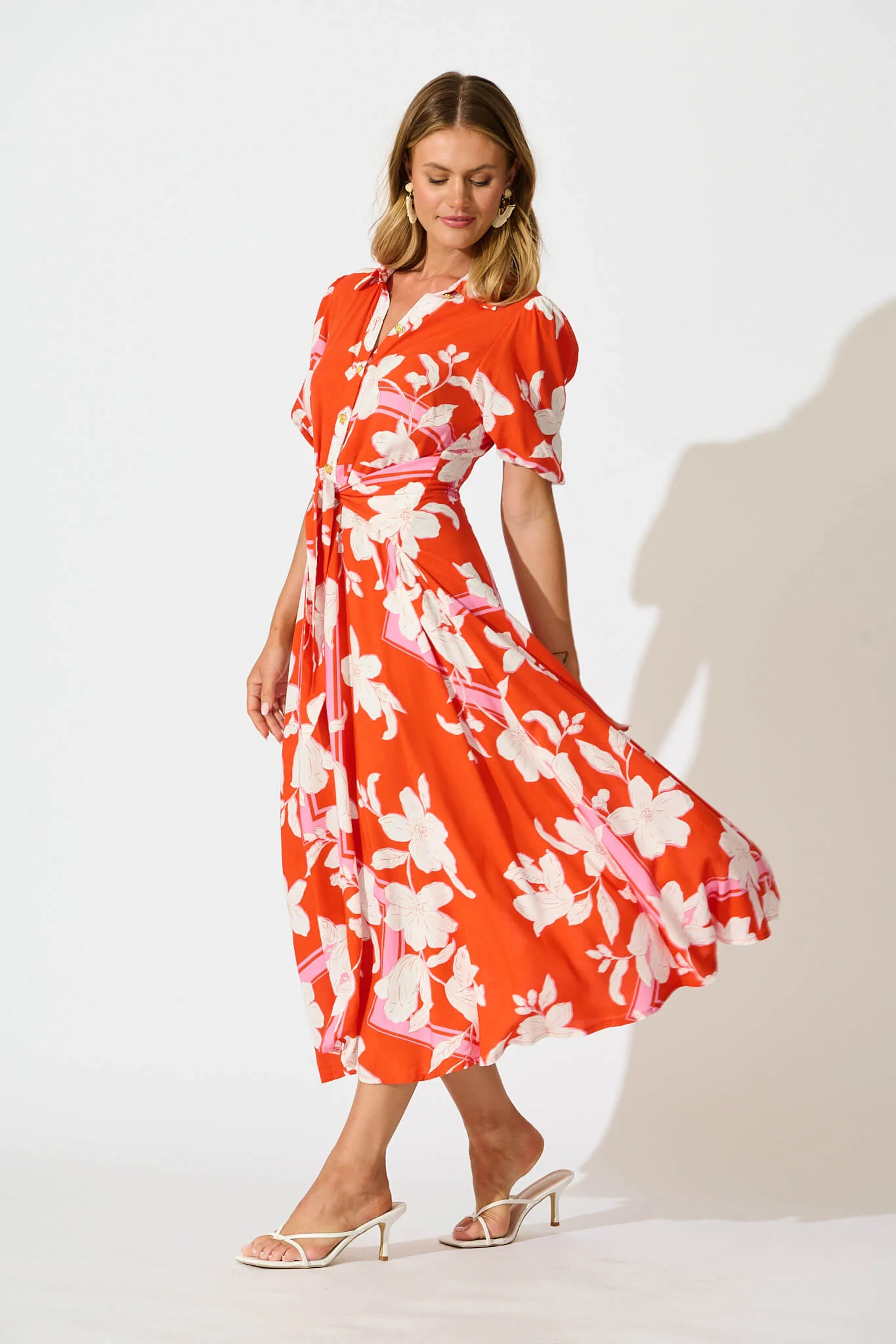 Bella Maxi Shirt Dress in Tangerine with White Floral - Image 7