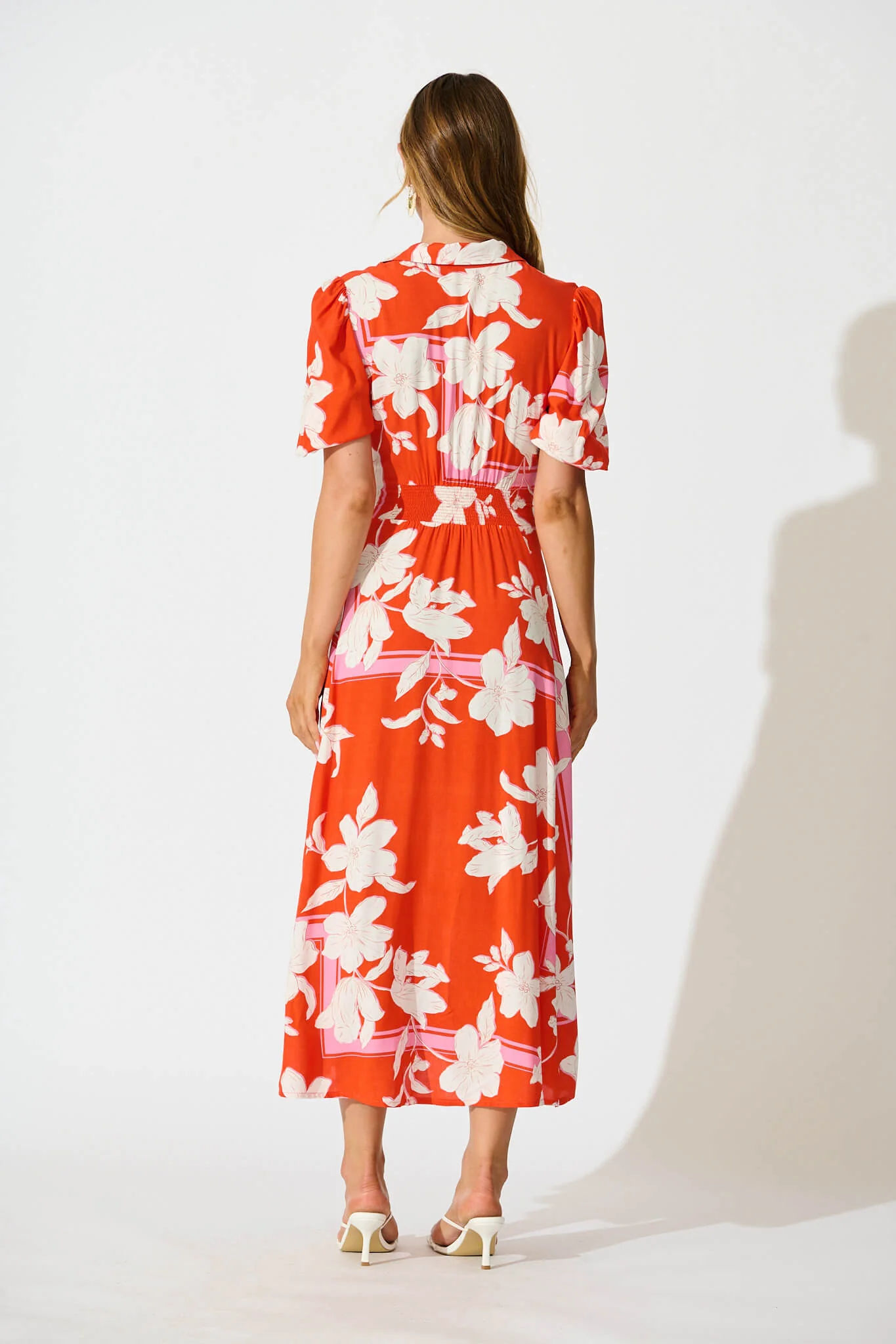 Bella Maxi Shirt Dress in Tangerine with White Floral - Image 8