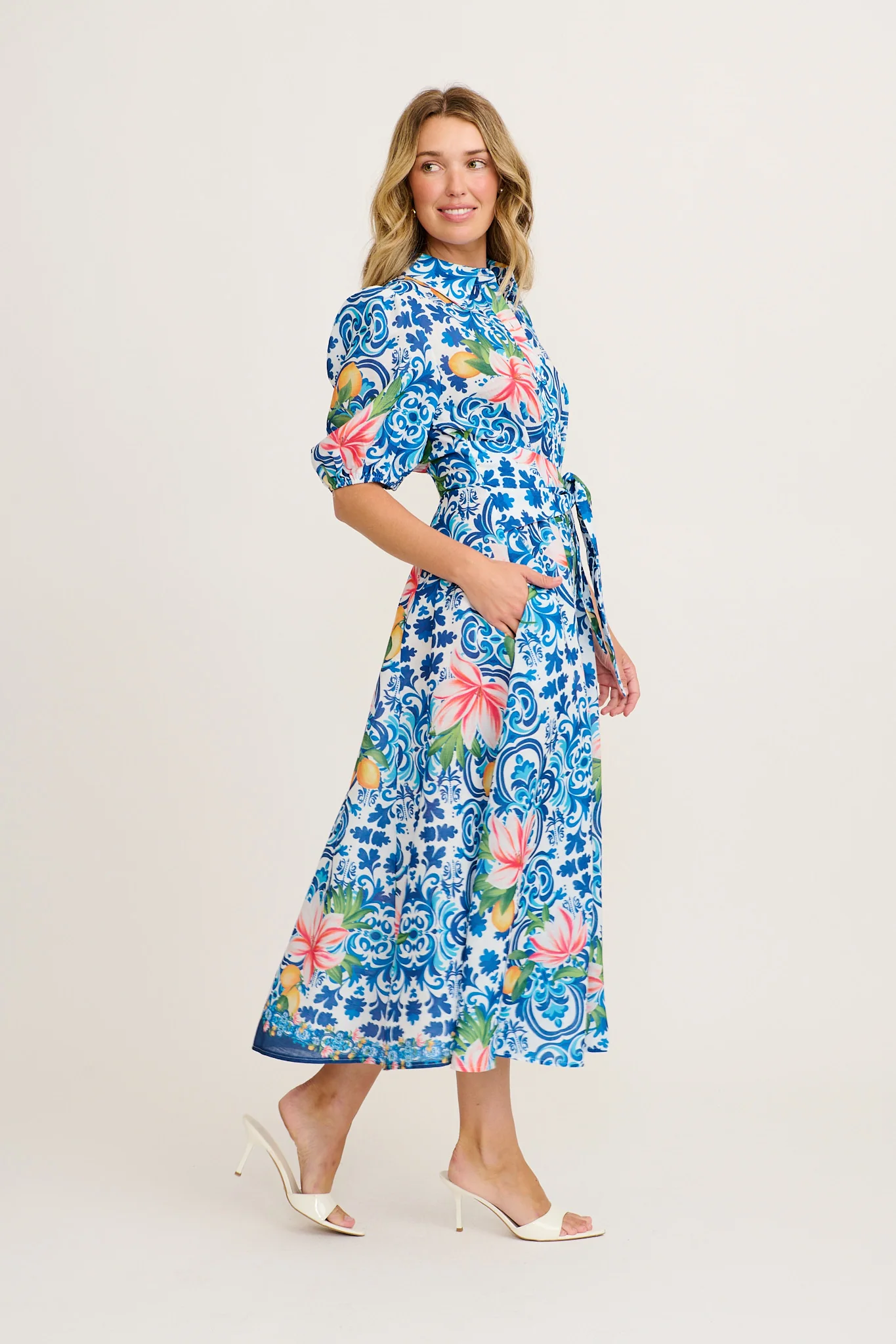 Belle Maxi Shirt Dress in Blue Multi Tiles Print Linen Blend - Image 3