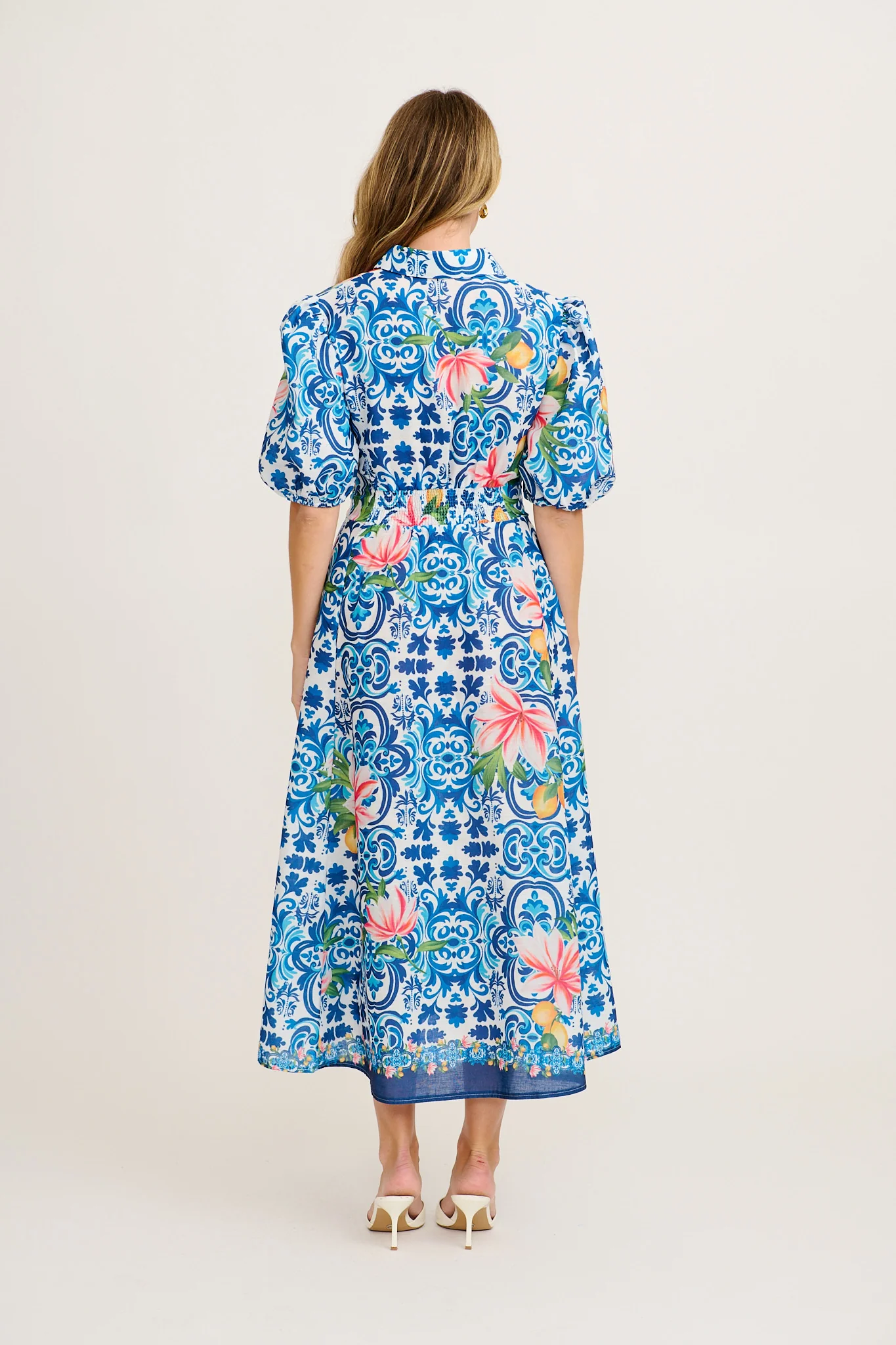 Belle Maxi Shirt Dress in Blue Multi Tiles Print Linen Blend - Image 4