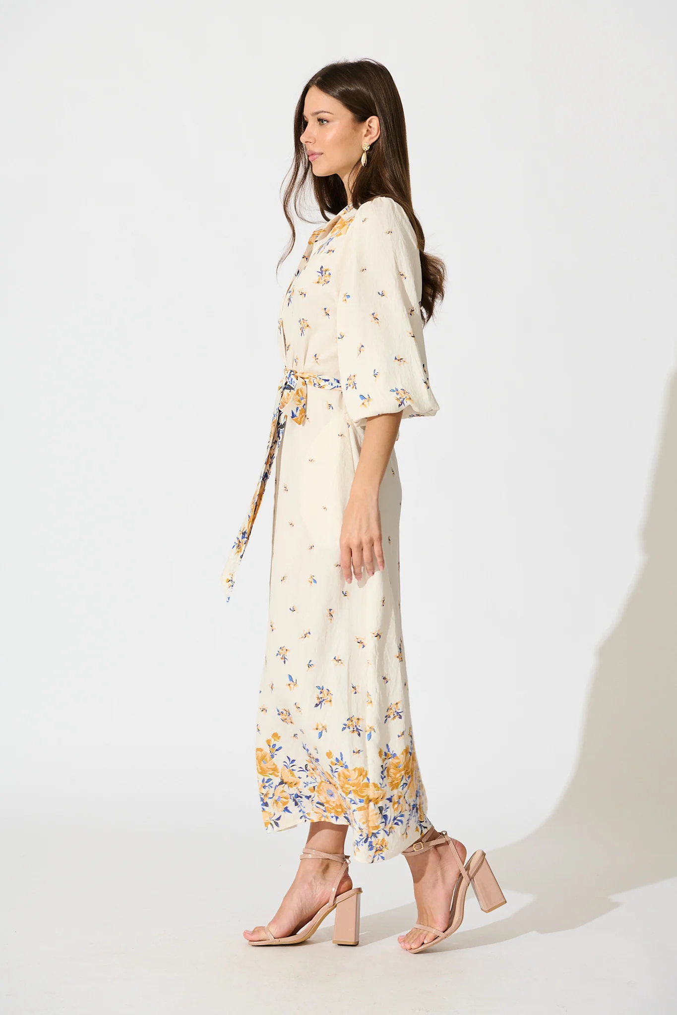 Bellie Maxi Shirt Dress in Cream with Blue and Yellow Linen Blend - Image 3