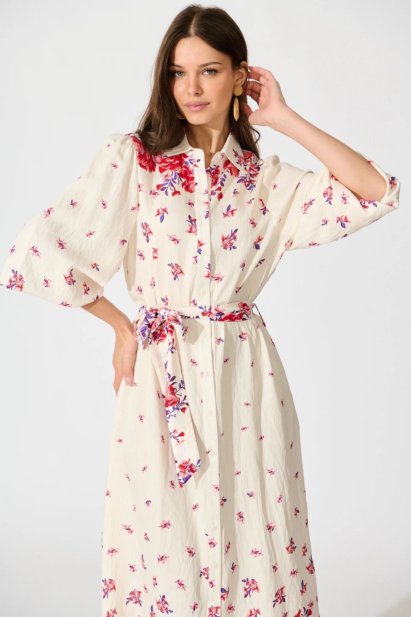 Bellie Maxi Shirt Dress in Cream with Red and Purple Linen Blend - Image 2