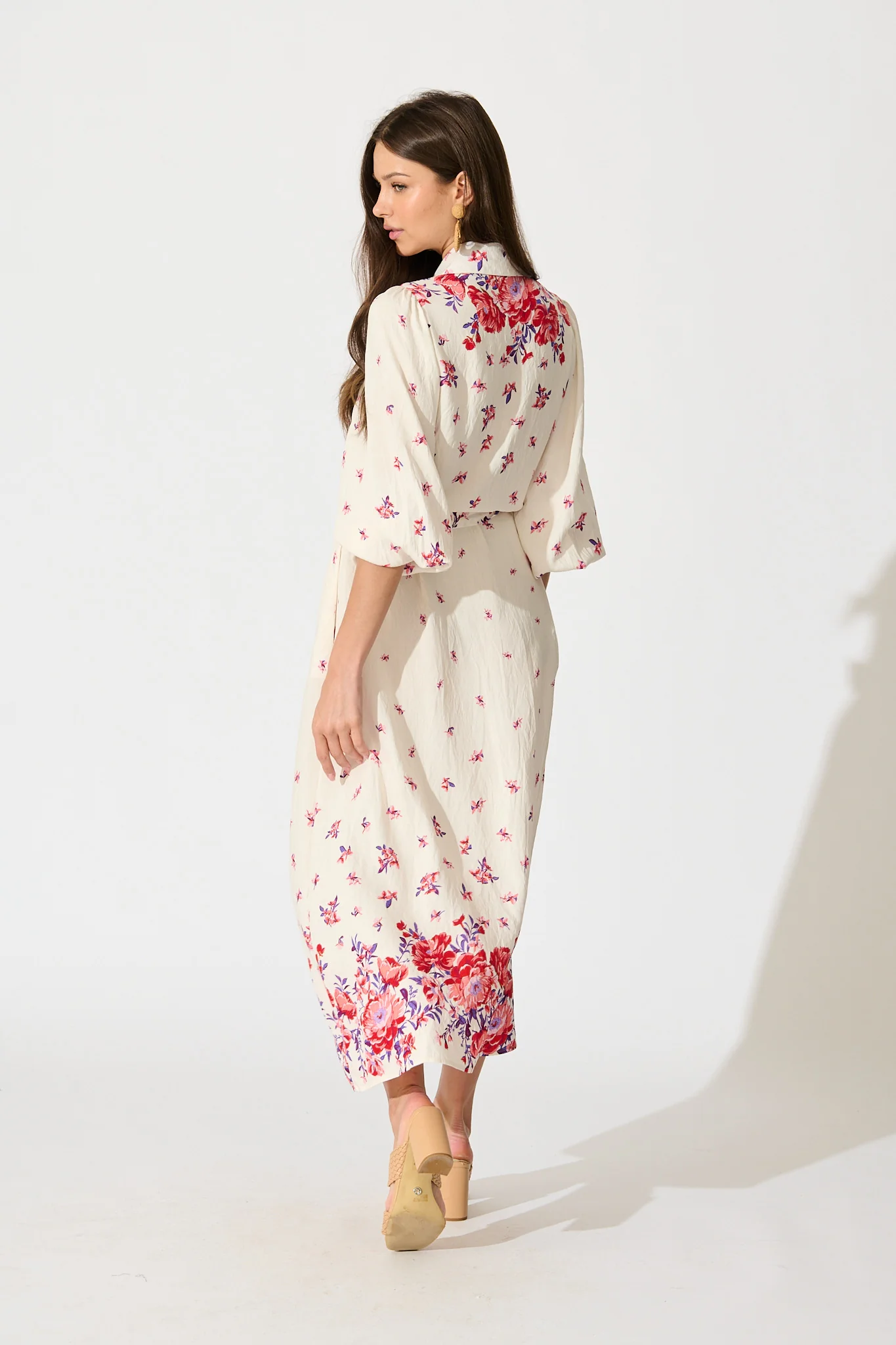 Bellie Maxi Shirt Dress in Cream with Red and Purple Linen Blend - Image 4