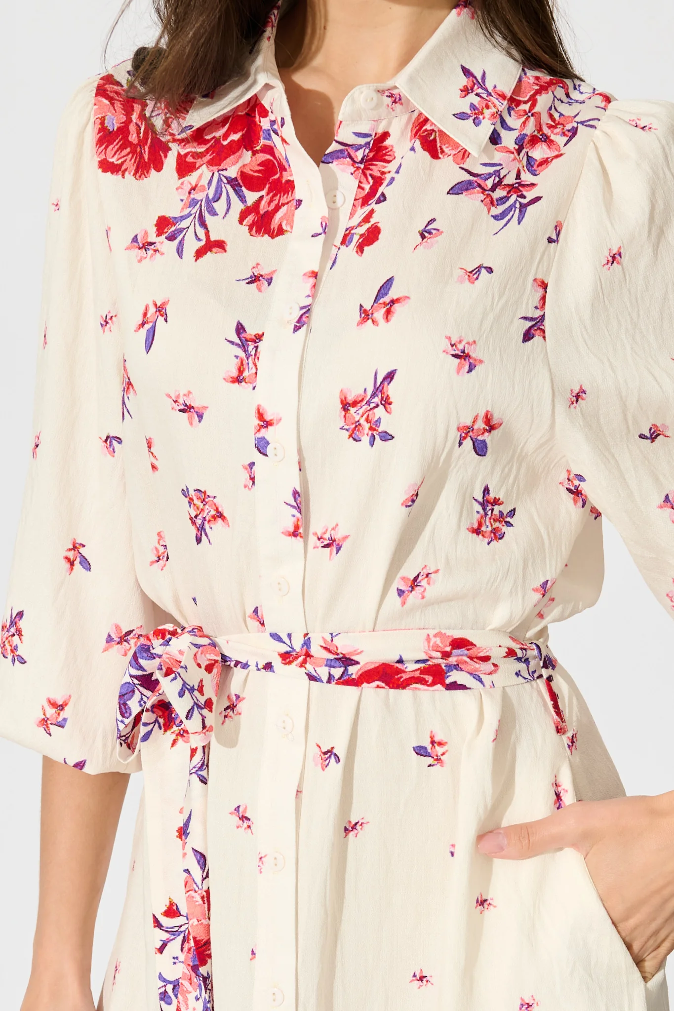 Bellie Maxi Shirt Dress in Cream with Red and Purple Linen Blend - Image 5