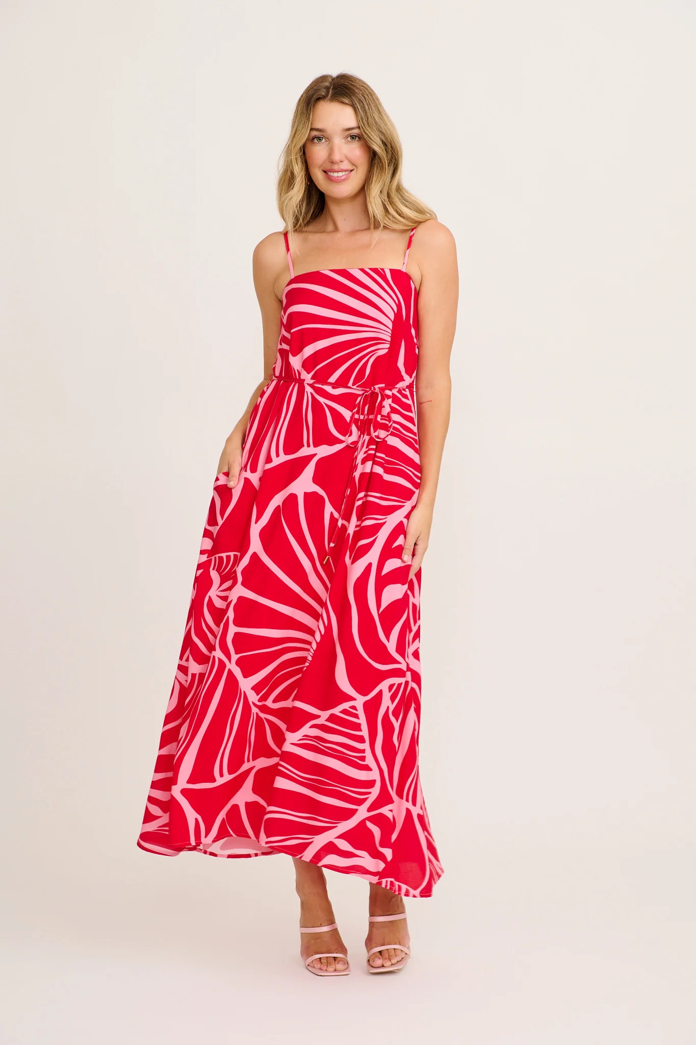 Bellona Maxi Sundress in Red with Pink Print - Image 5
