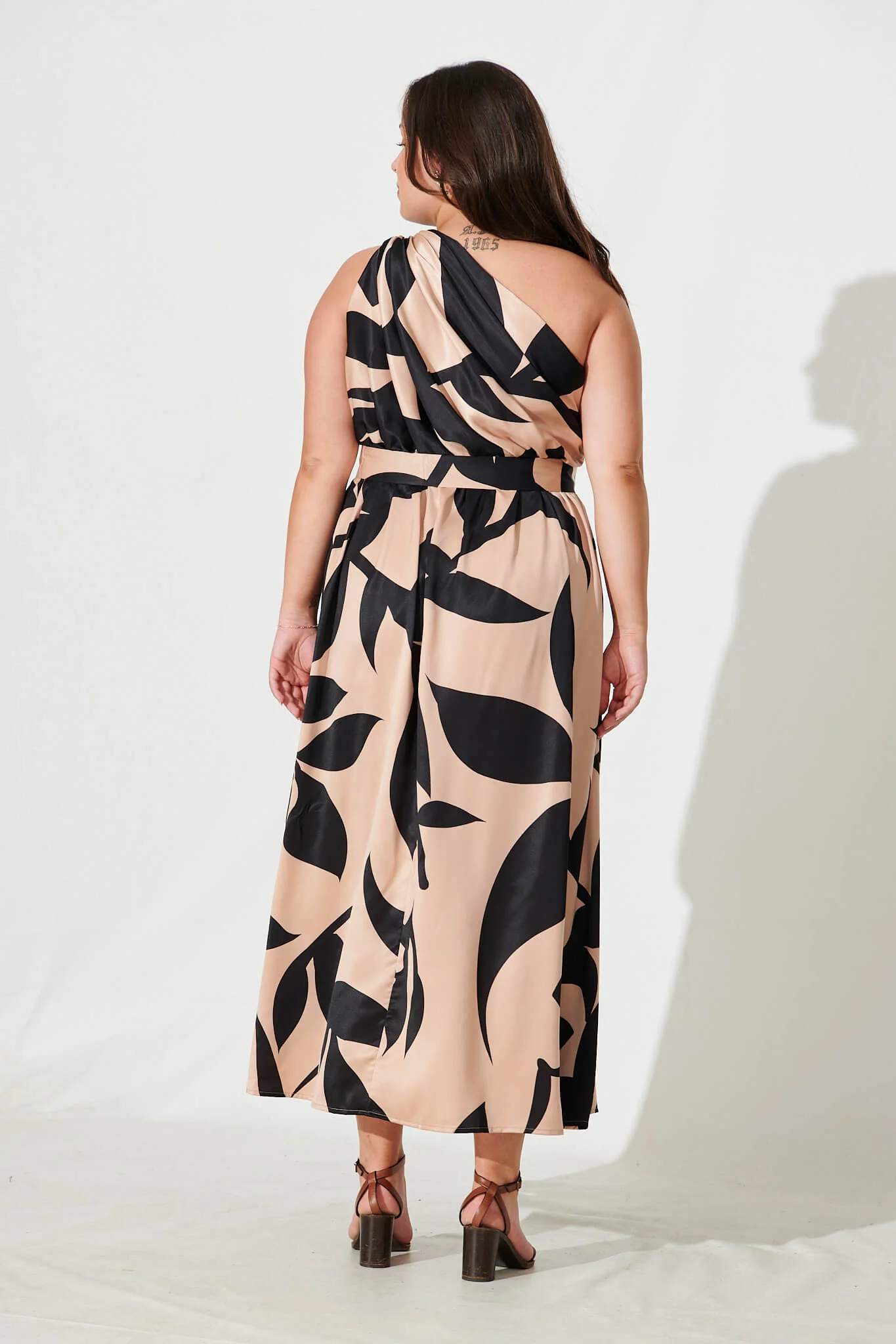 Bernadette One Shoulder Midi Dress In Brown With Black Print Satin - Image 10
