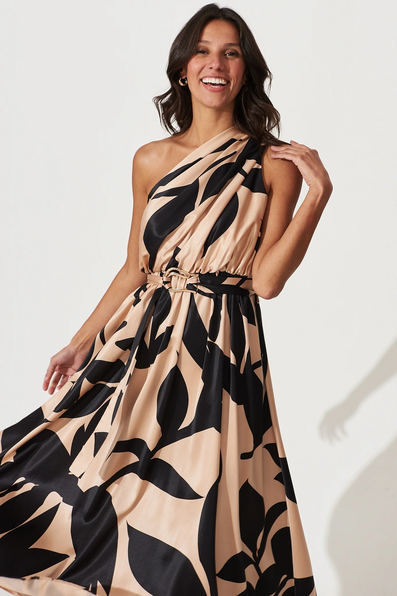 Bernadette One Shoulder Midi Dress In Brown With Black Print Satin - Image 2