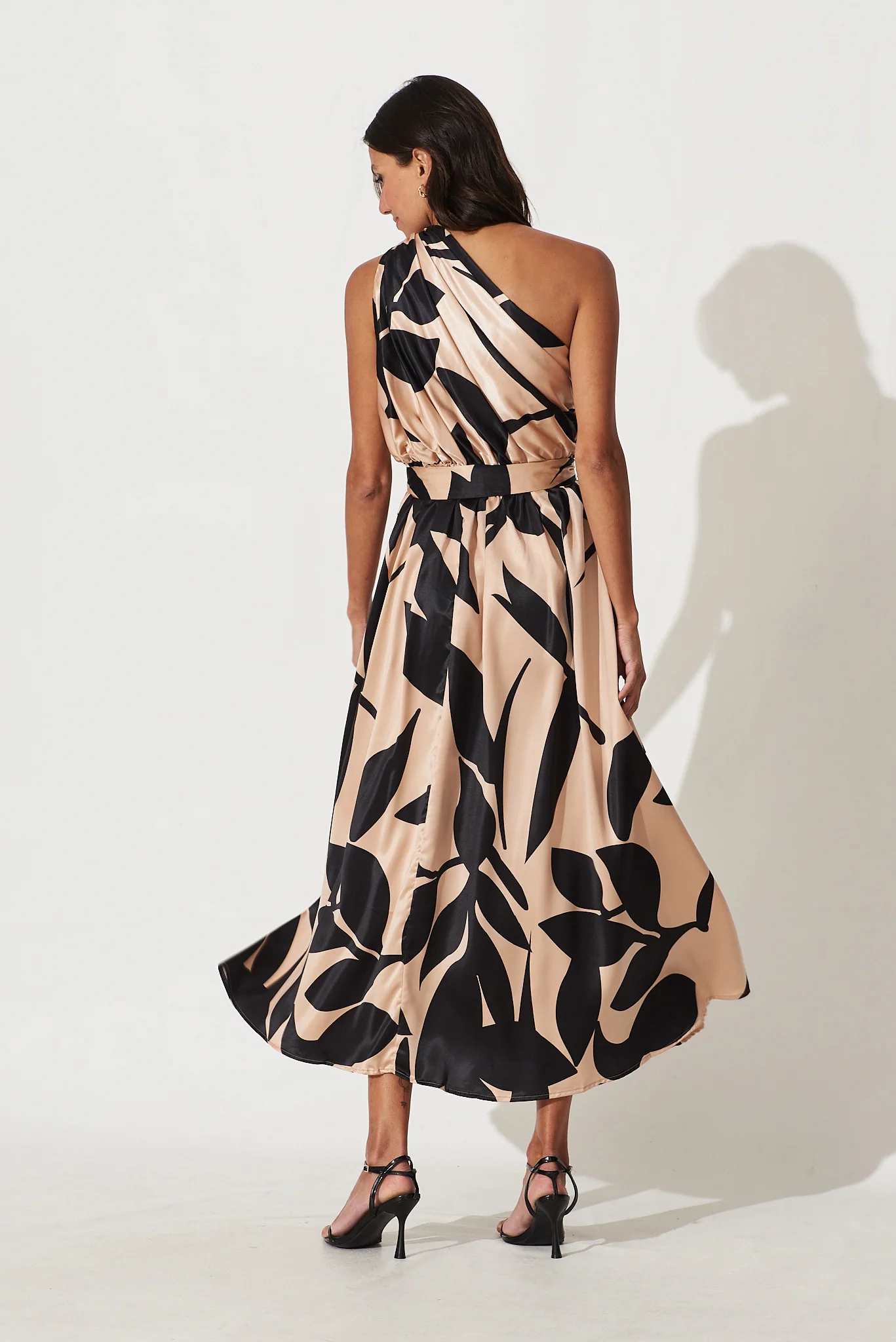 Bernadette One Shoulder Midi Dress In Brown With Black Print Satin - Image 4