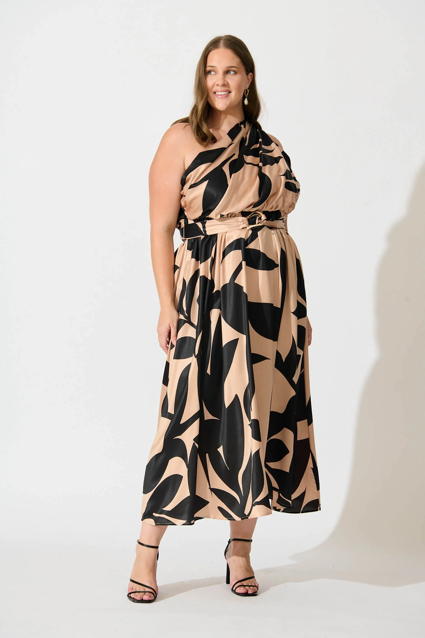 Bernadette One Shoulder Midi Dress In Brown With Black Print Satin - Image 7