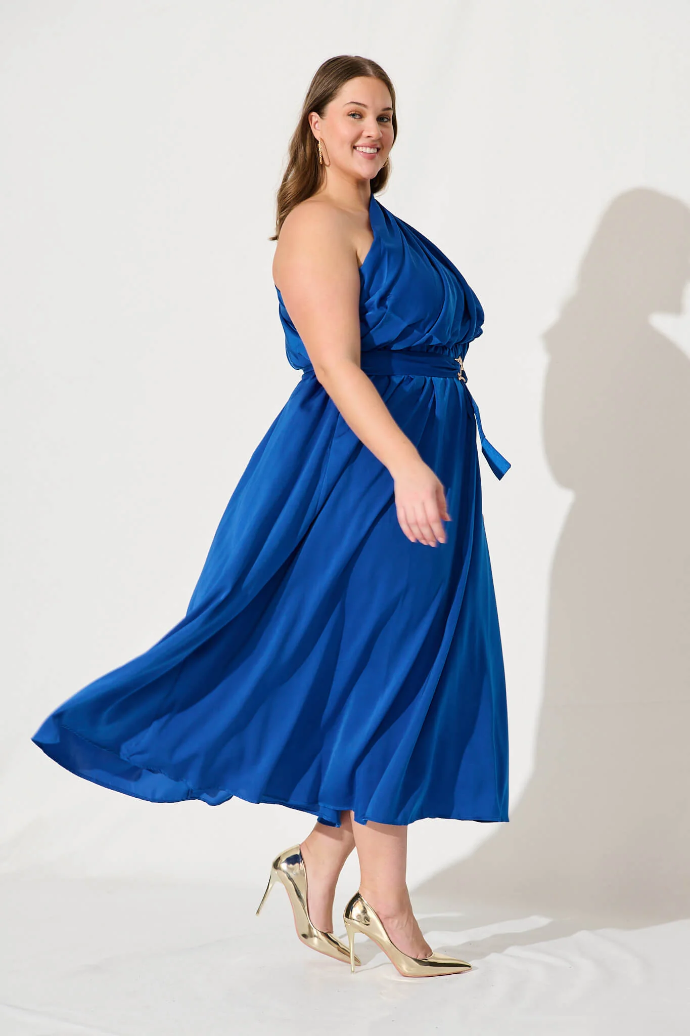Bernadette One Shoulder Midi Dress In Cobalt Satin - Image 8