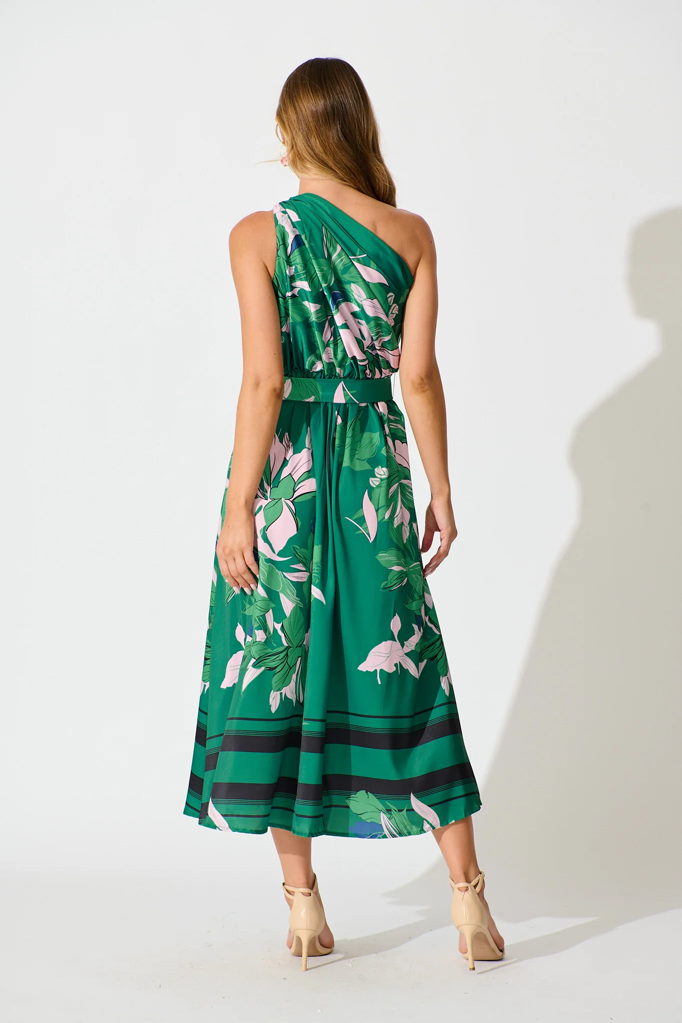 Bernadette One Shoulder Midi Dress In Emerald Print Satin - Image 5