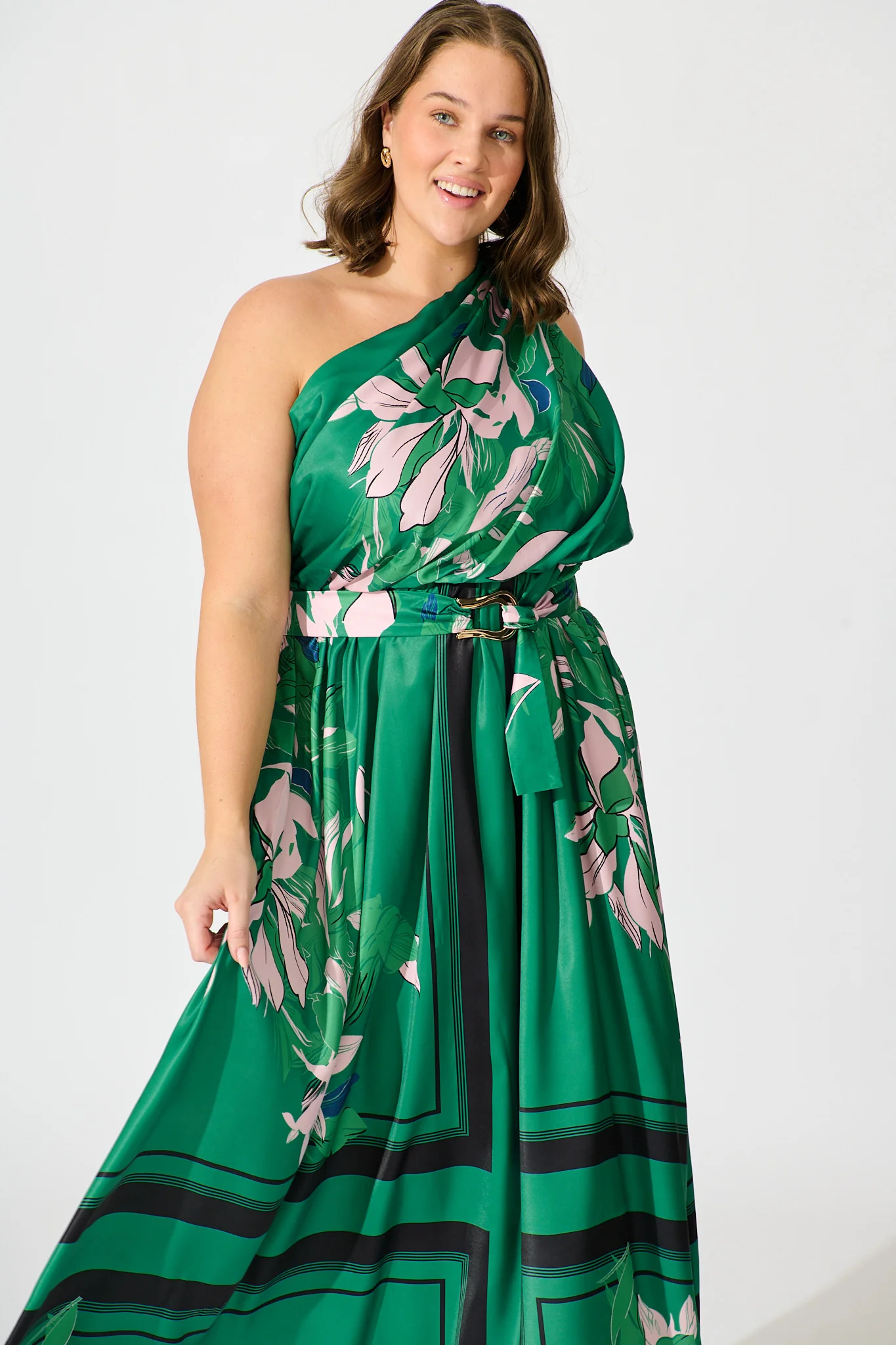 Bernadette One Shoulder Midi Dress In Emerald Print Satin - Image 8