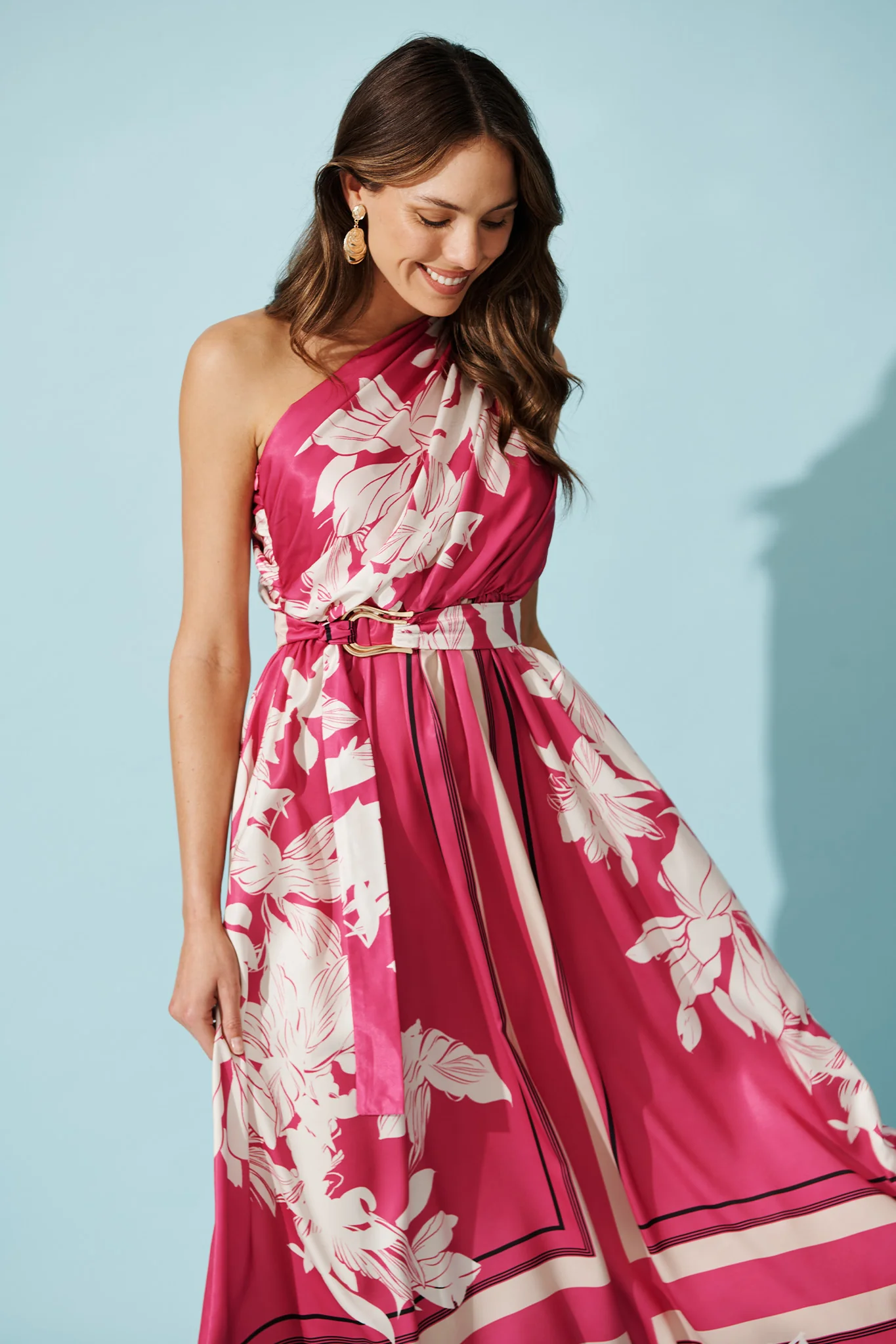 Bernadette One Shoulder Midi Dress in Magenta Floral Satin - Image 2
