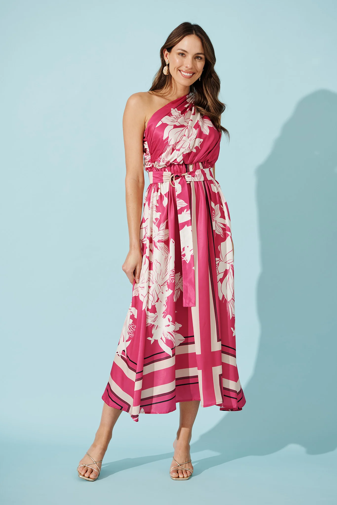 Bernadette One Shoulder Midi Dress in Magenta Floral Satin - Image 4