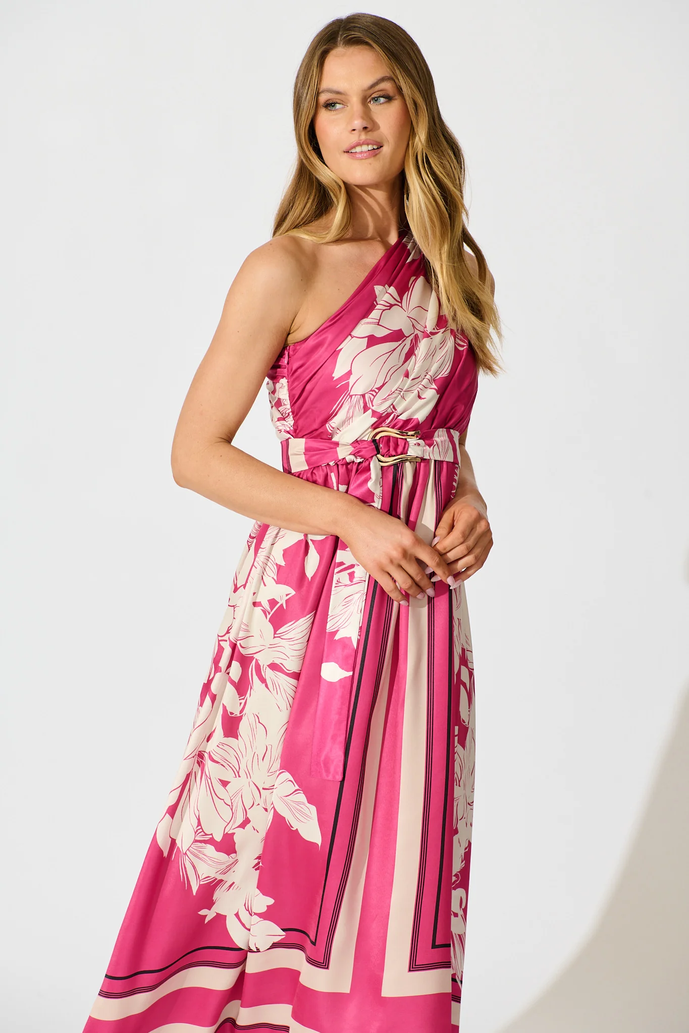 Bernadette One Shoulder Midi Dress in Magenta Floral Satin - Image 5