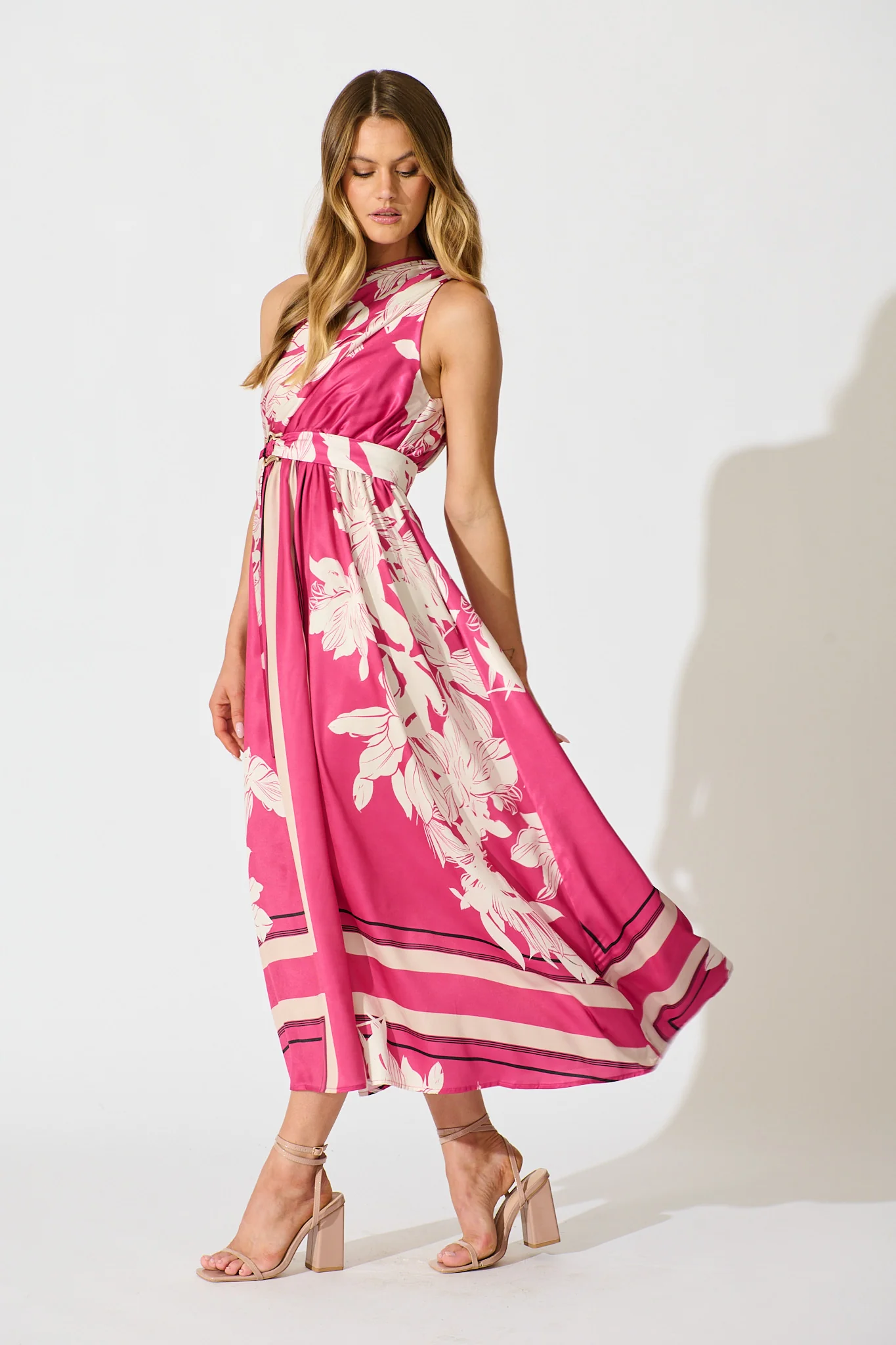 Bernadette One Shoulder Midi Dress in Magenta Floral Satin - Image 6