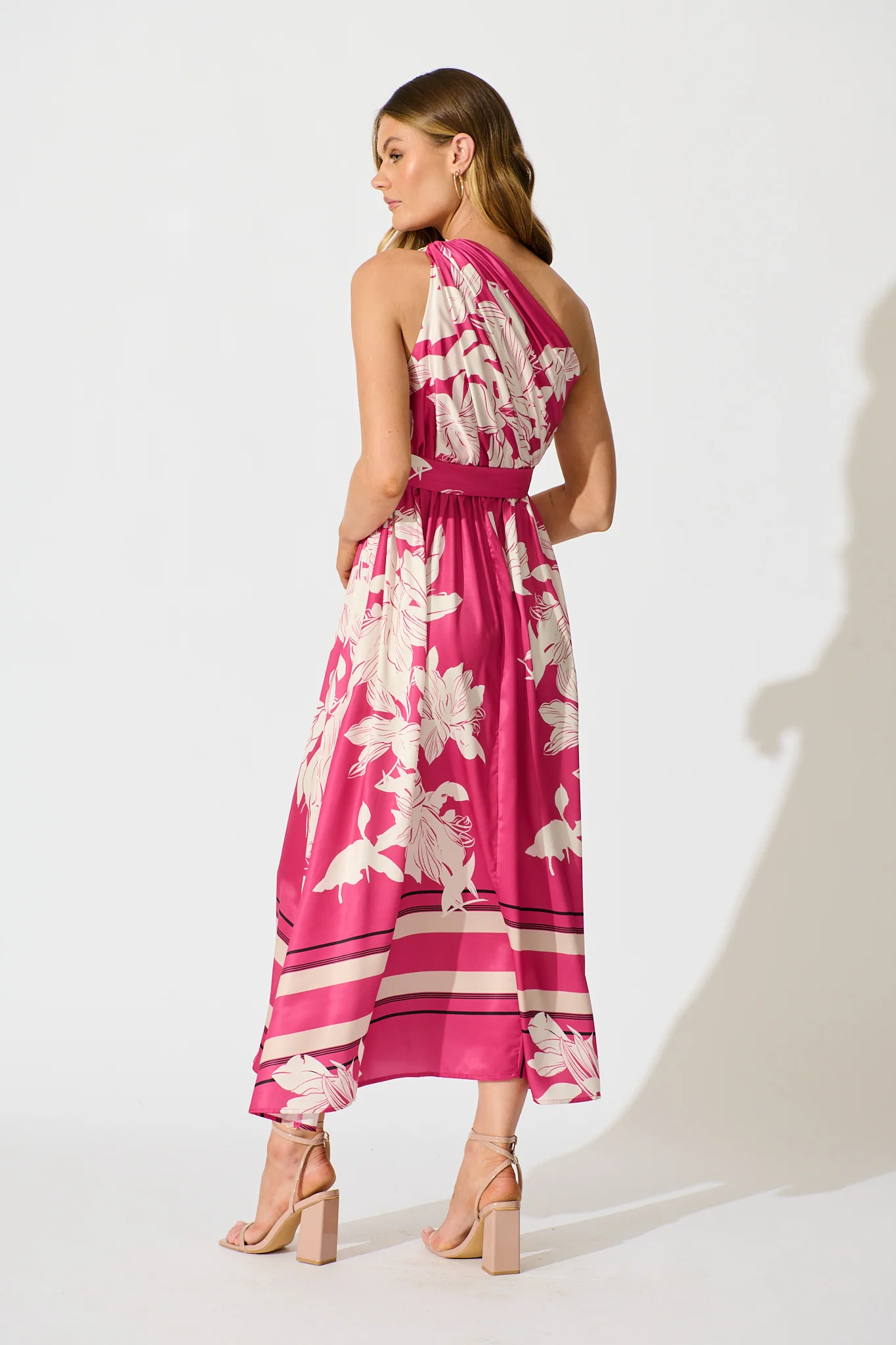Bernadette One Shoulder Midi Dress in Magenta Floral Satin - Image 7