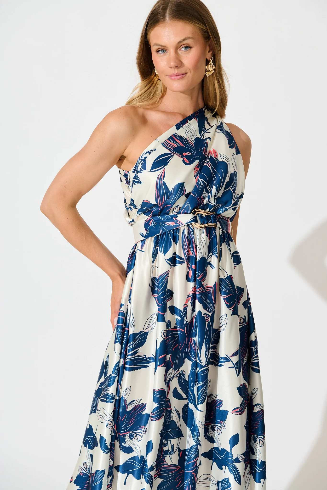 Bernadette One Shoulder Midi Dress In Navy Floral Satin - Image 2