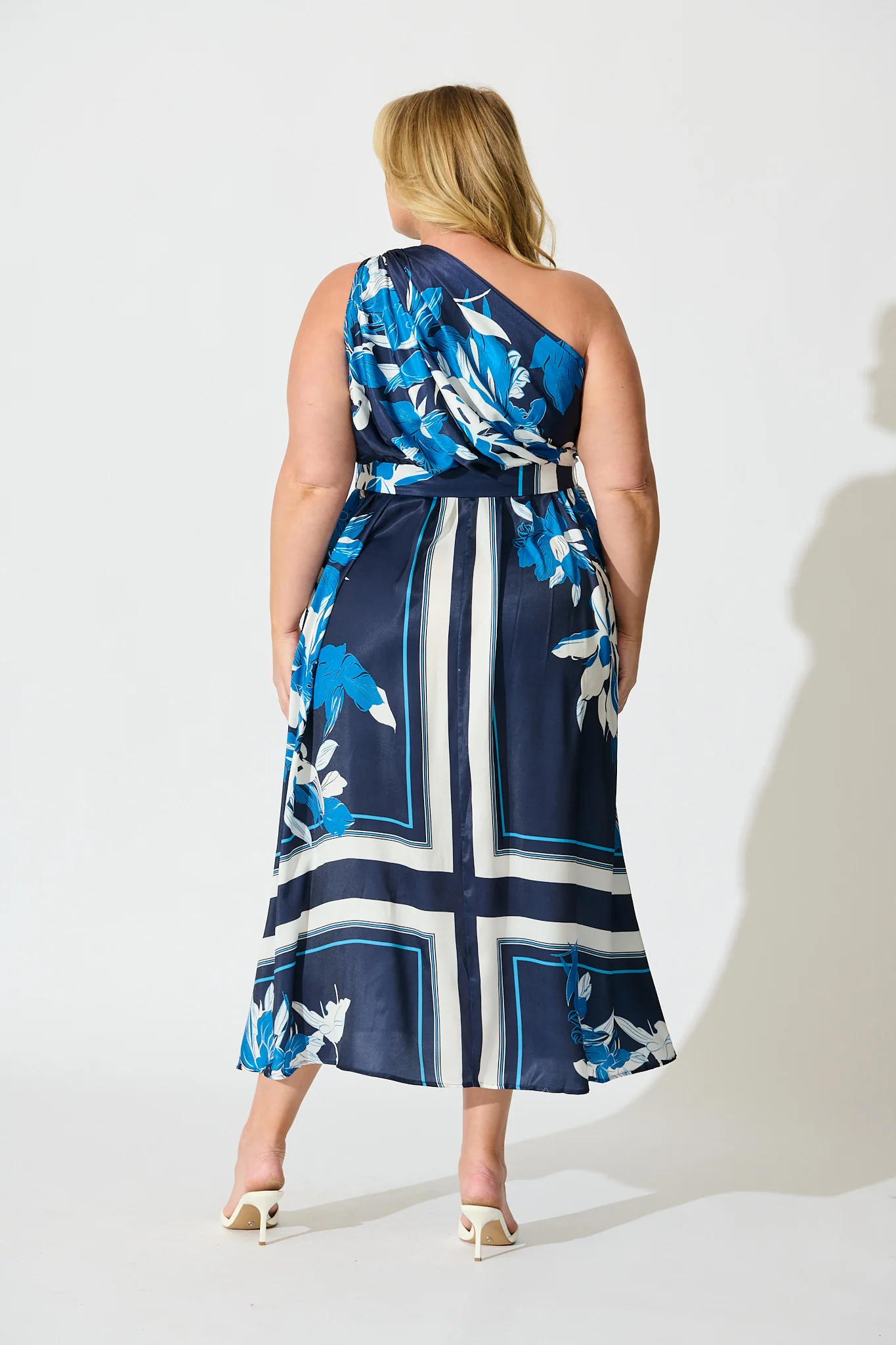 Bernadette One Shoulder Midi Dress in Navy with Floral Satin - Image 11