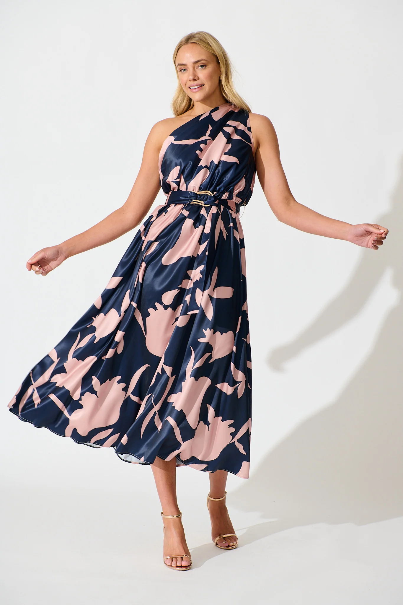 Bernadette One Shoulder Midi Dress in Navy with Mocha Satin