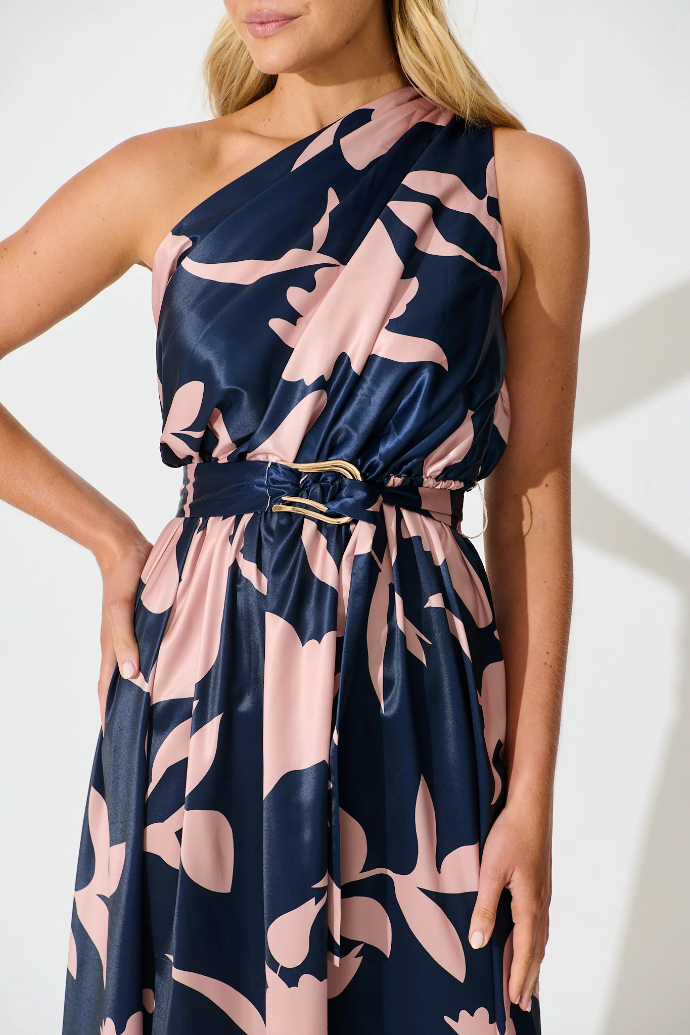 Bernadette One Shoulder Midi Dress in Navy with Mocha Satin - Image 5