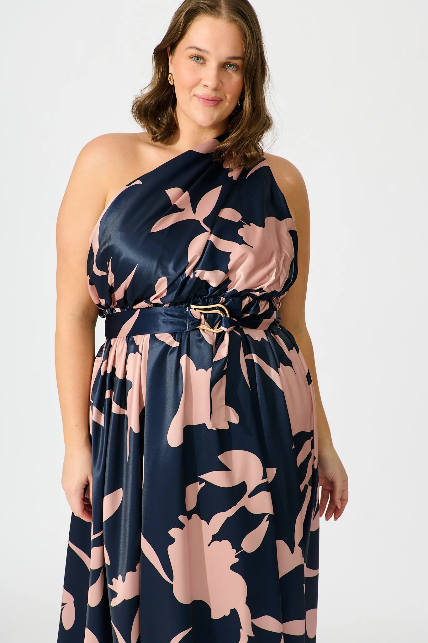 Bernadette One Shoulder Midi Dress in Navy with Mocha Satin - Image 8