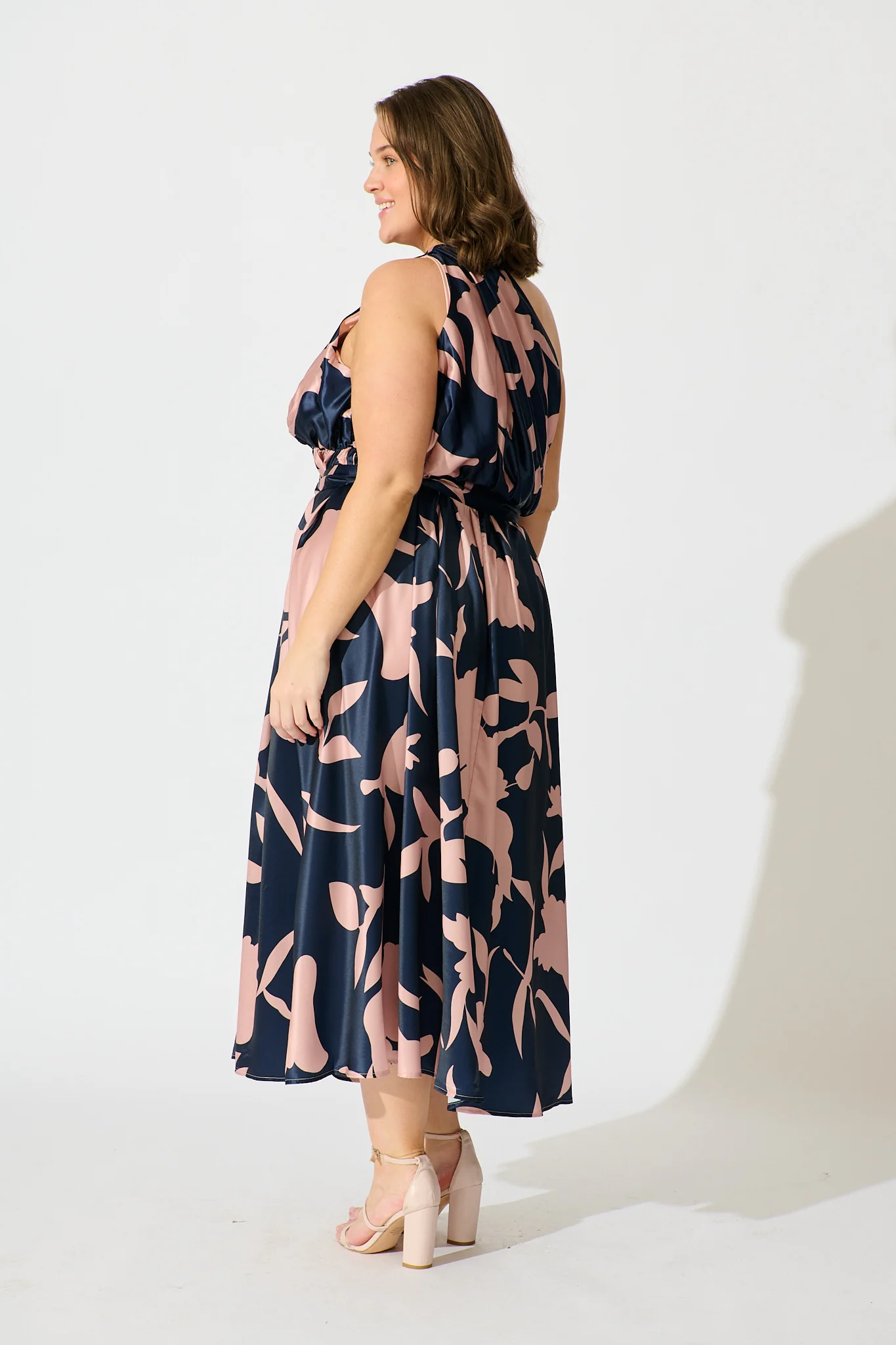 Bernadette One Shoulder Midi Dress in Navy with Mocha Satin - Image 9