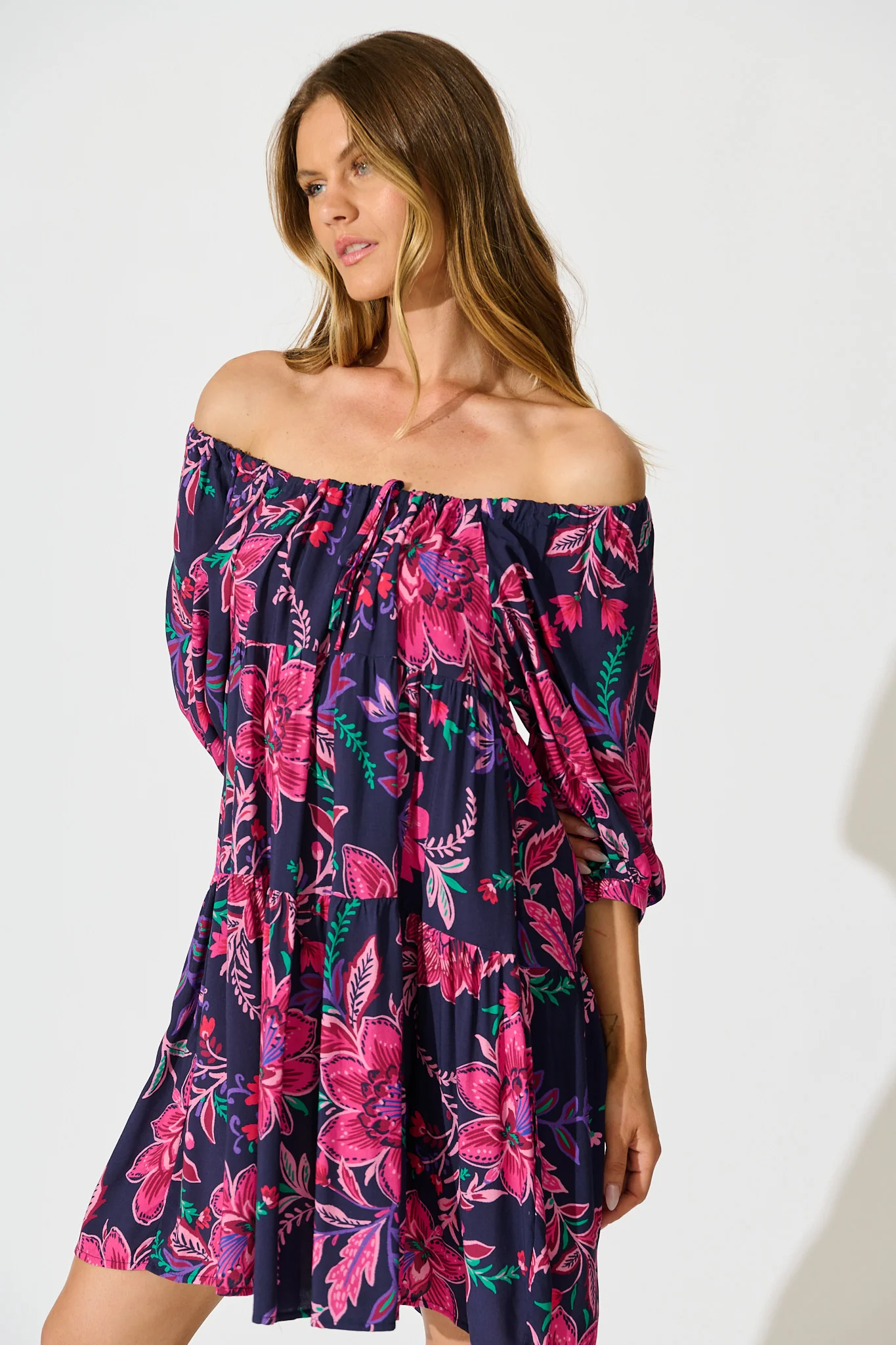 Beryll Smock Dress In Navy with Pink Floral - Image 6