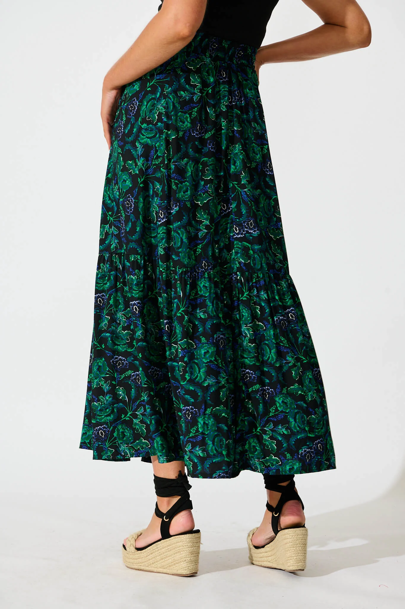 Bilboa Maxi Skirt in Emerald with Green and Blue Floral - Image 3