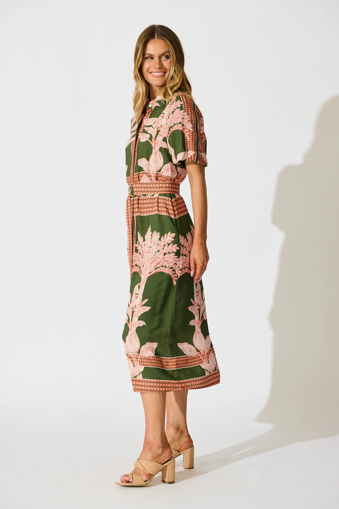 Bittersweet Midi Shirt Dress in Khaki Placement Print - Image 3
