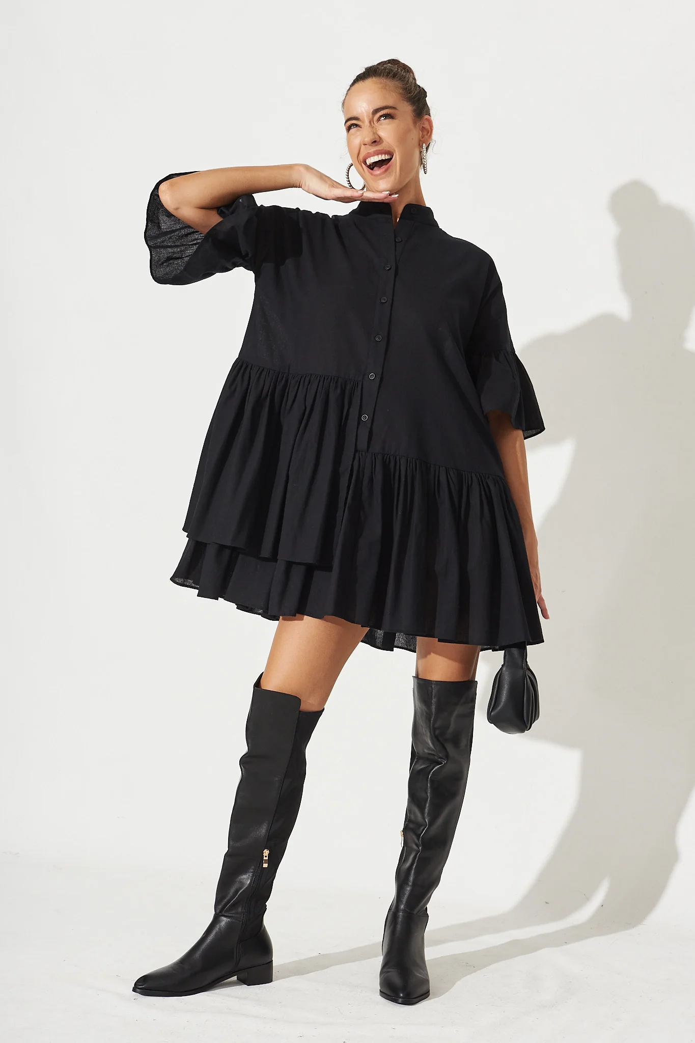Blaire Smock Dress In Black Cotton Blend - Image 3