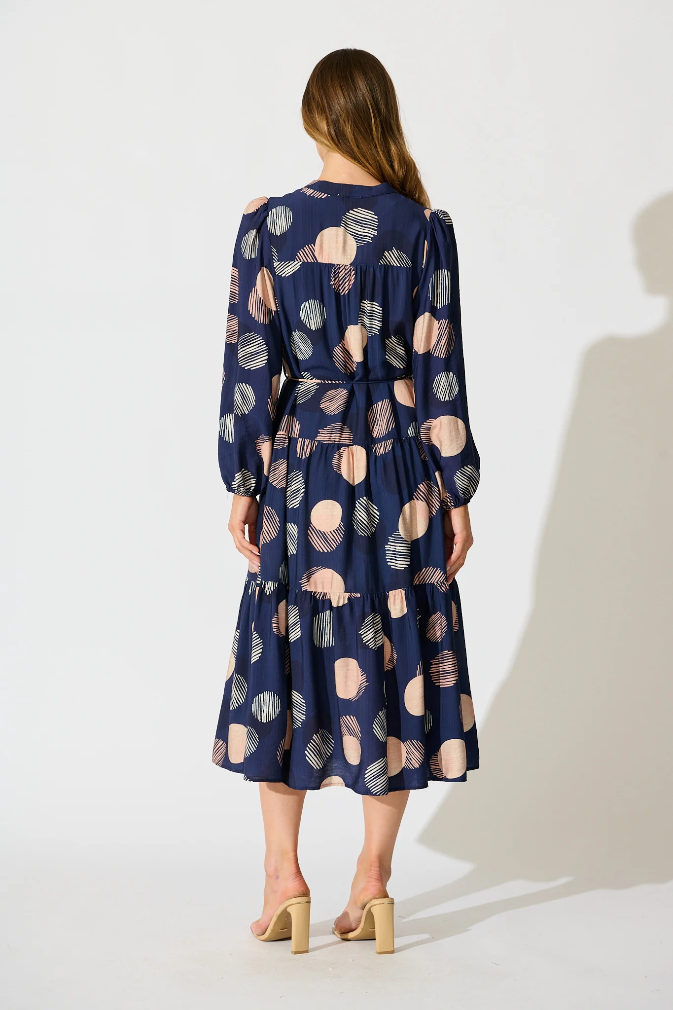 Blake Midi Dress in Navy with Blush Spot Print - Image 4