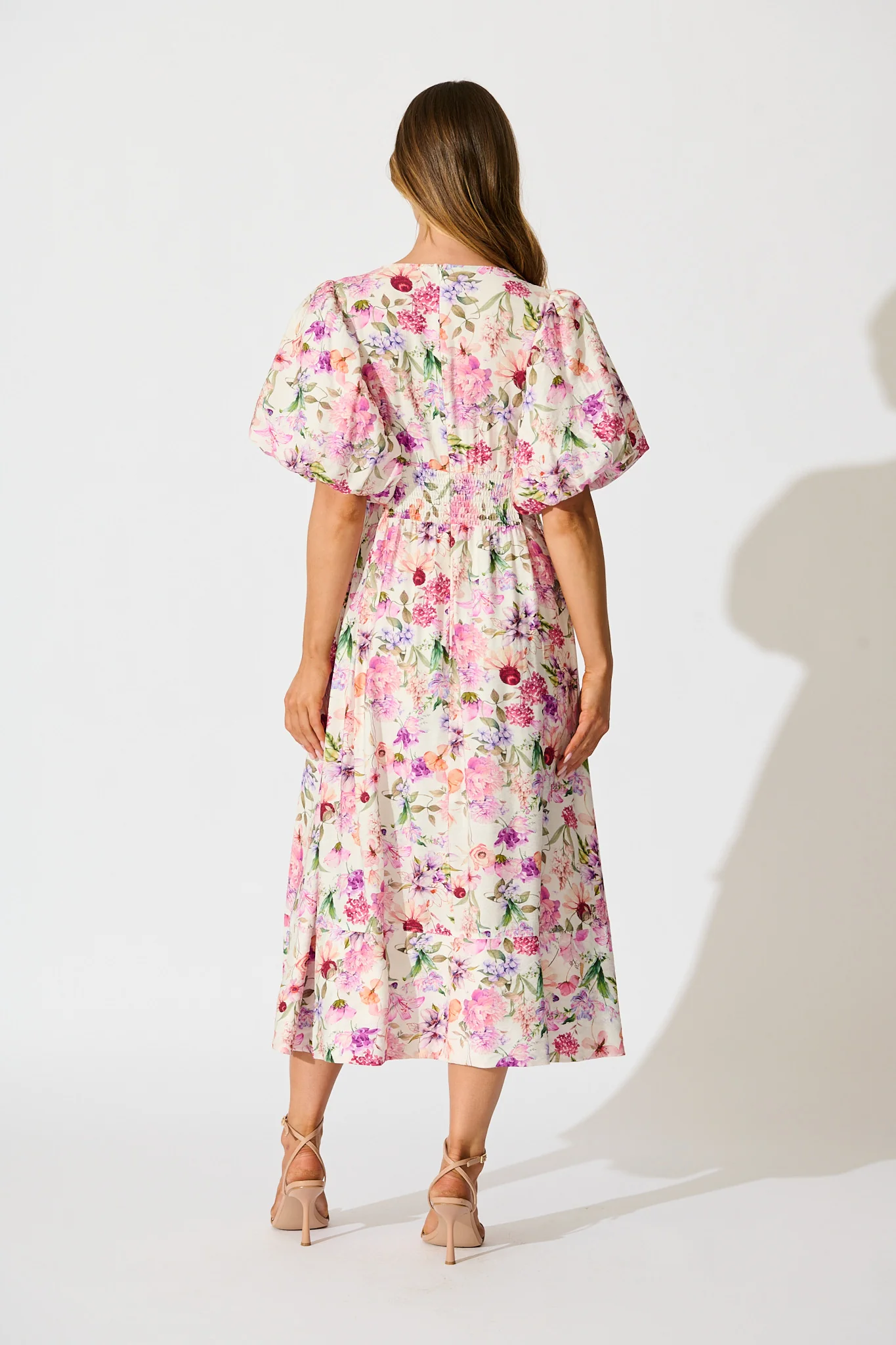 Bloom & Belle Midi Dress in White with Lilac Floral - Image 4