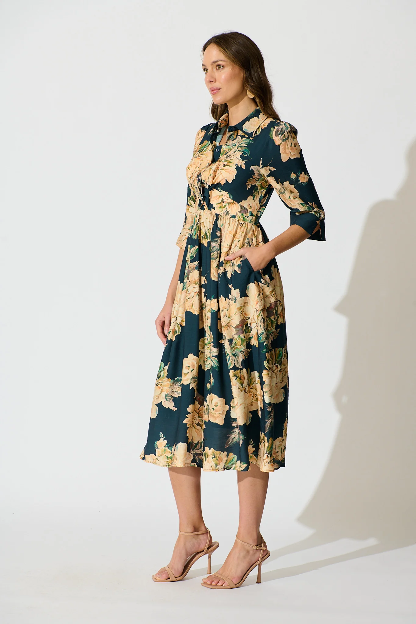 Bloom Midi Dress in Teal with Cream Floral - Image 3