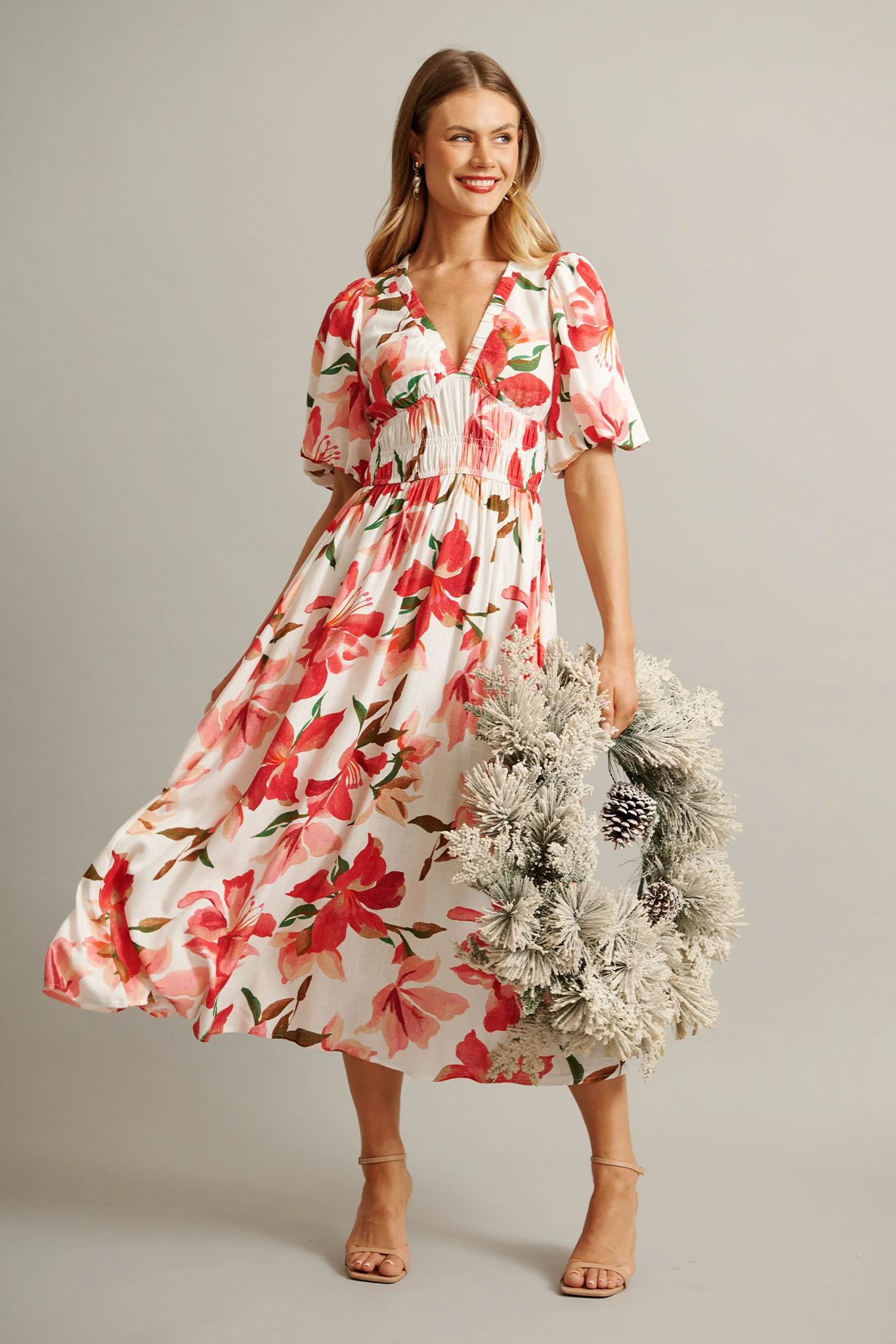 Bloomlit Midi Dress in White with Red Floral Linen Blend