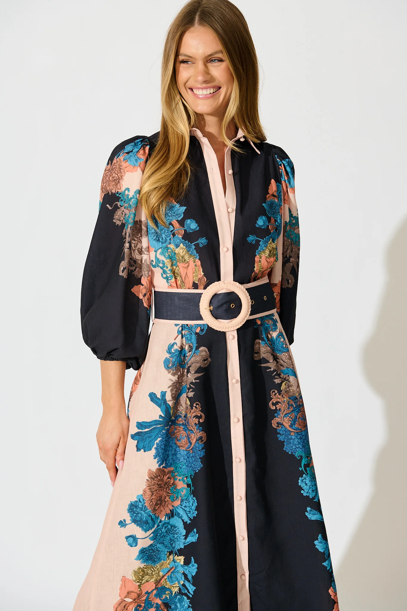 Botanical Bliss Maxi Shirt Dress in Black Multi Floral Linen Blend - Image 2