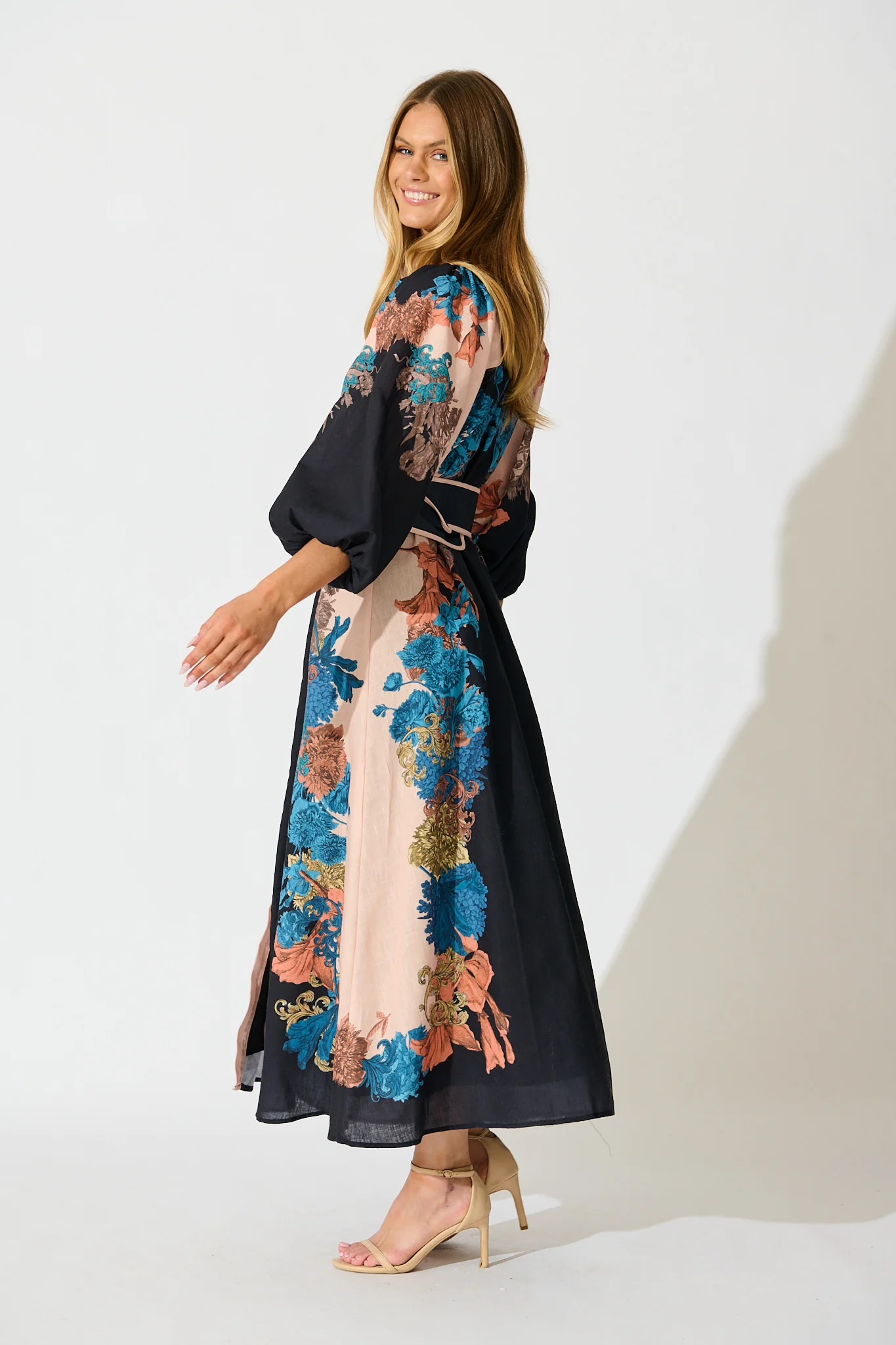 Botanical Bliss Maxi Shirt Dress in Black Multi Floral Linen Blend - Image 3