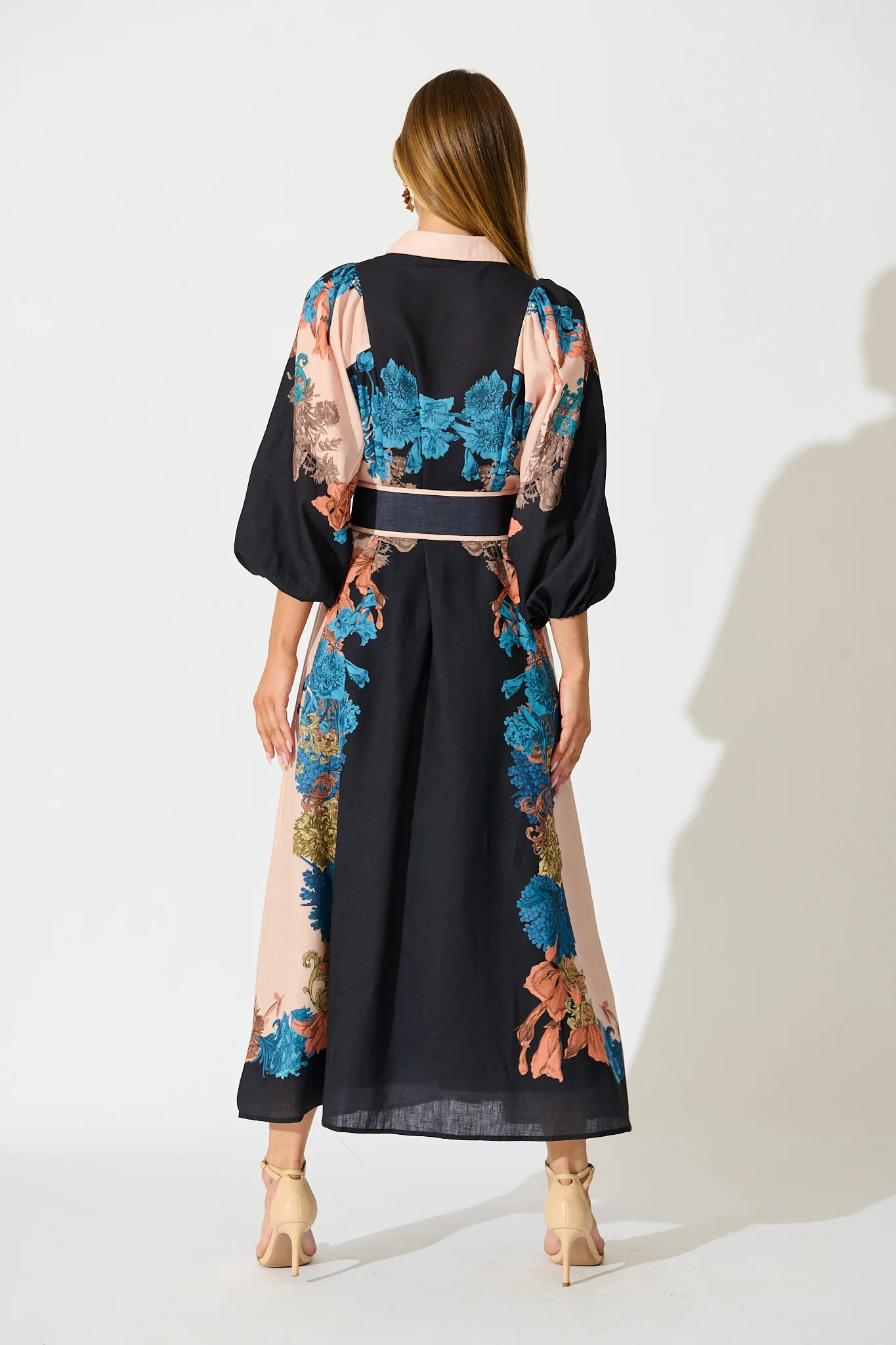 Botanical Bliss Maxi Shirt Dress in Black Multi Floral Linen Blend - Image 4