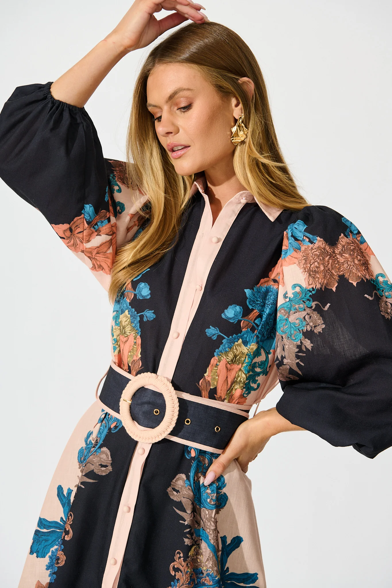 Botanical Bliss Maxi Shirt Dress in Black Multi Floral Linen Blend - Image 5