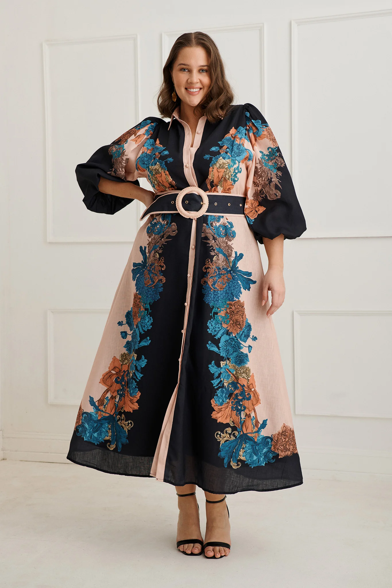 Botanical Bliss Maxi Shirt Dress in Black Multi Floral Linen Blend - Image 7