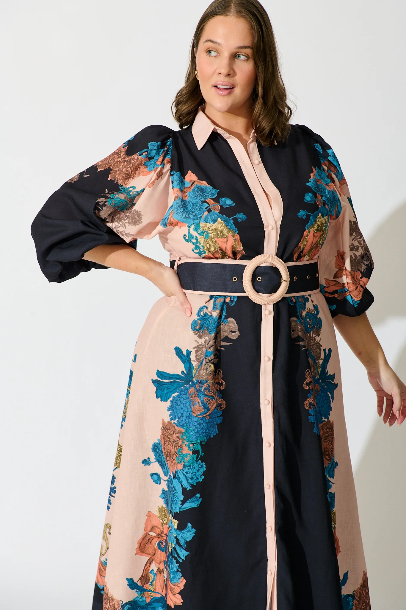 Botanical Bliss Maxi Shirt Dress in Black Multi Floral Linen Blend - Image 9